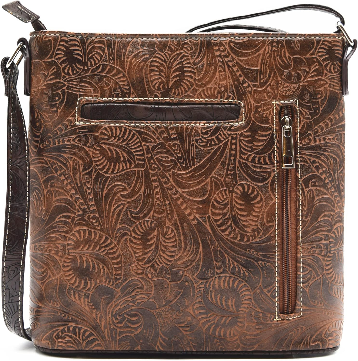 Western Style Tooled Leather Feather Crossbody Handbags Clutch Purse Women Country Everyday Shoulder Bag - Image 3