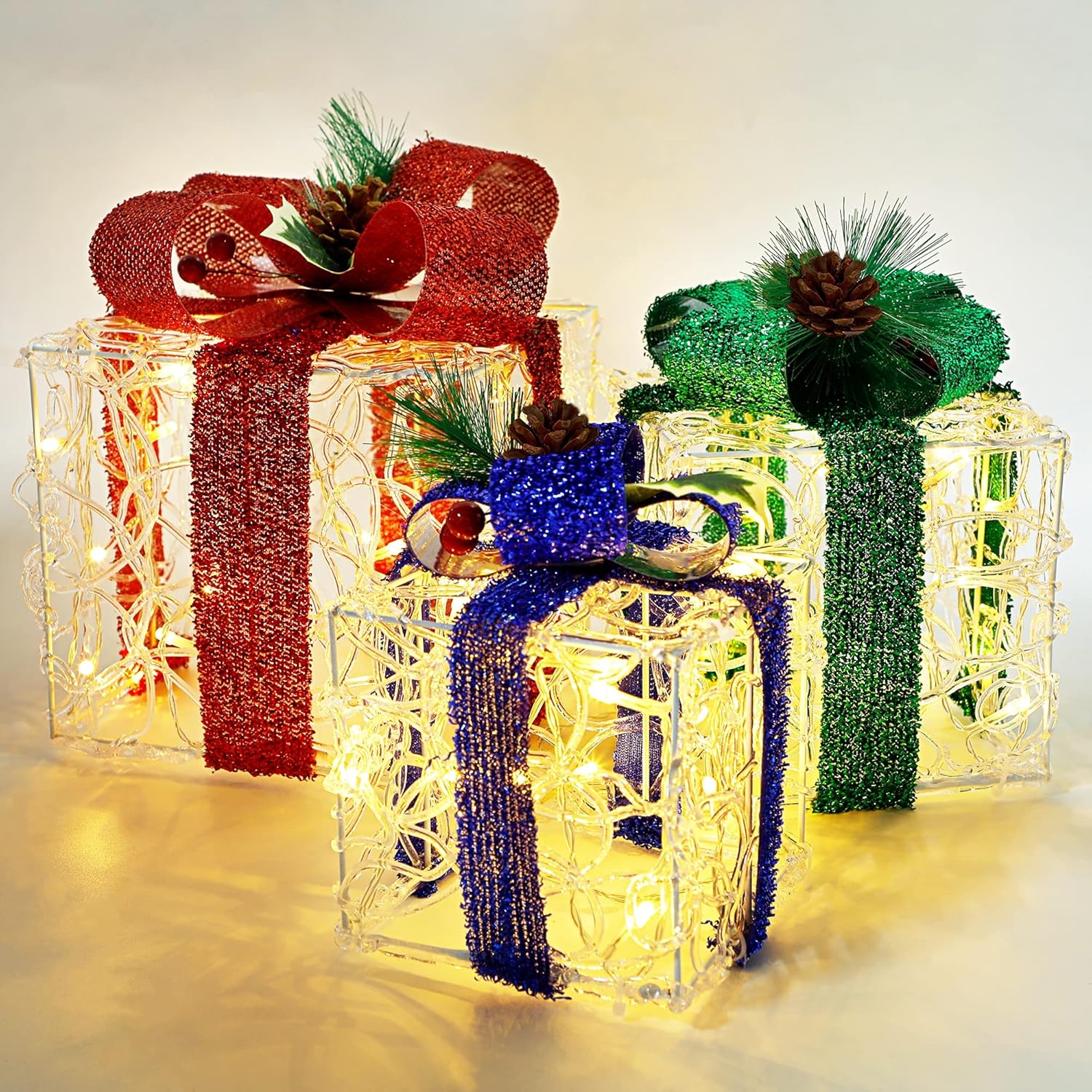Cllayees Christmas Set of 3 Lighted Gift Boxes Decorations, Xmas