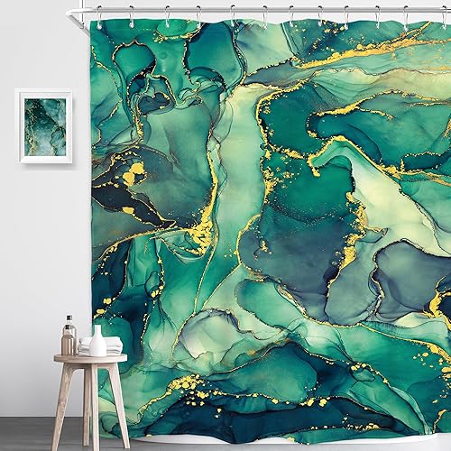 Homewelle Cortina de ducha de mármol verde dorado, abstracto, moderno, de lujo, líneas agrietadas, venas, textura esmeralda, líquido, único, 60