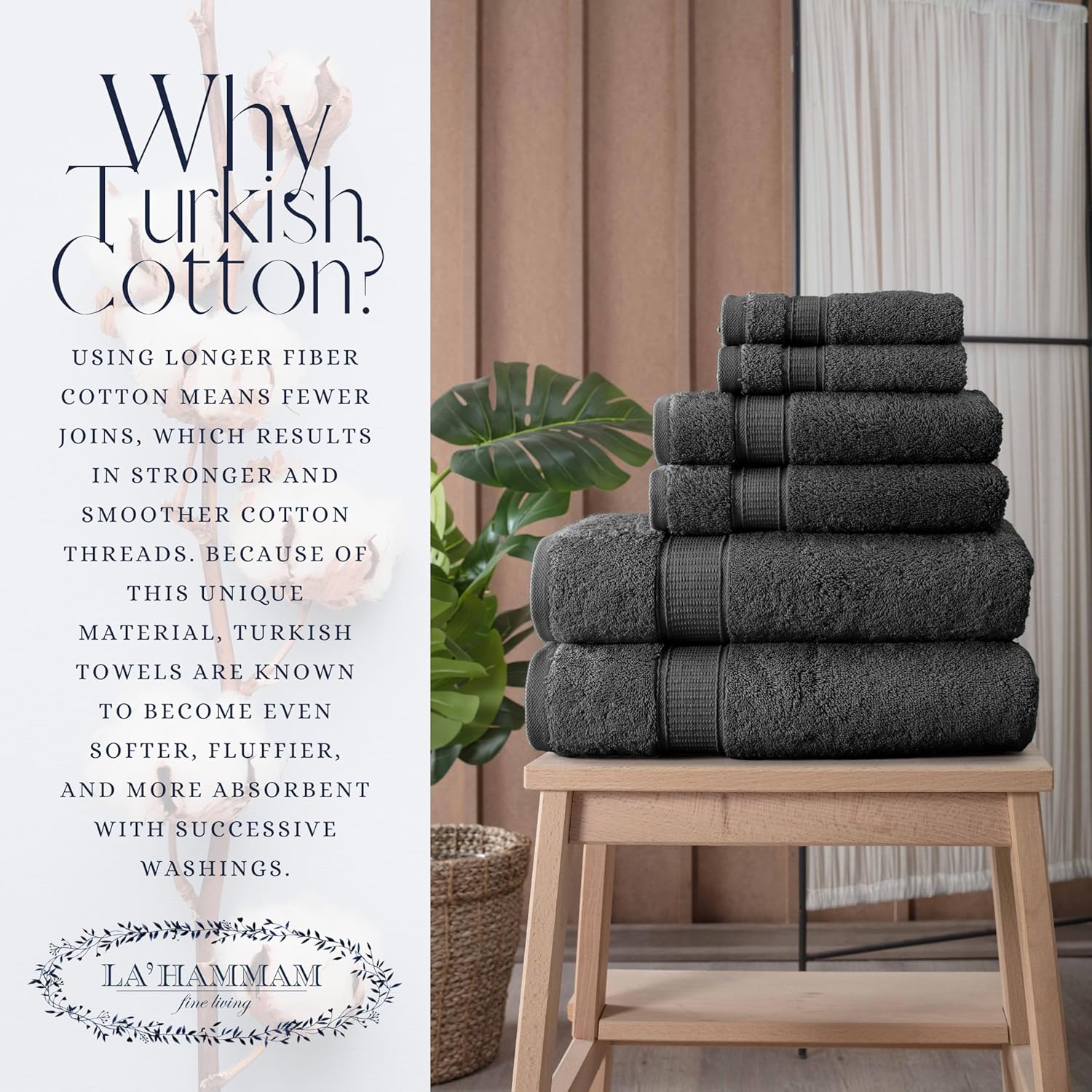 Personalized, Luxury Turkish Cotton Towels Easy Care, Extra Soft & Absorbent, Hotel & Spa Quality, Kitchen & Bathroom Turkish Towels by La Hammam (Charcoal, Bath Towels - Set of 2)