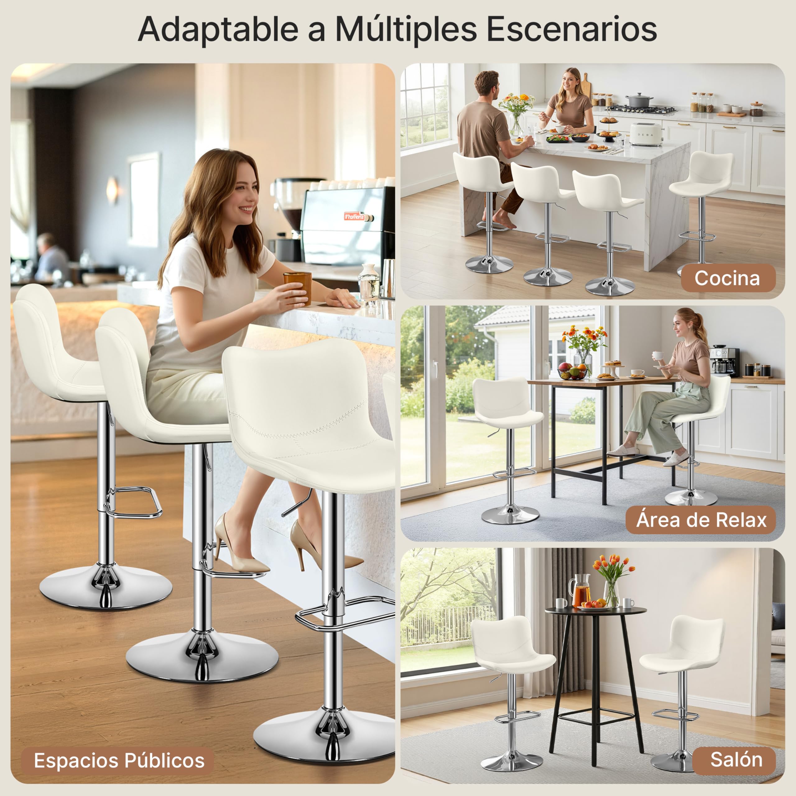 Yaheetech Juego de 2 Taburetes de Bar, Silla de Polipiel sin Reposabrazos | Sillas Giratorias con Respaldo Reposapiés Altura Ajustable Blanco