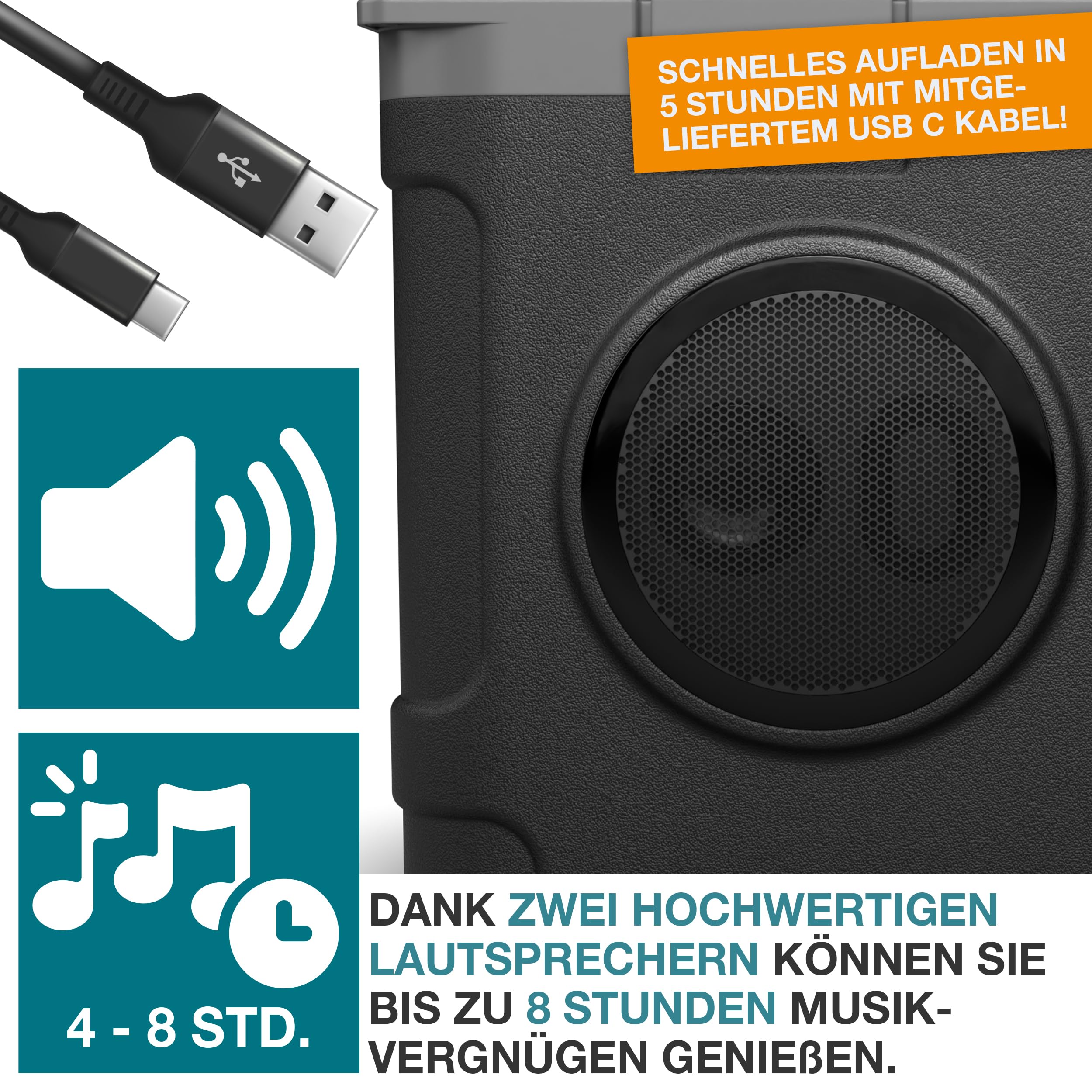 TOM 3in1 Musik Kühlbox 21l zum Kühlen, Warmhalten und Musik hören – mit Bluetooth Lautsprecher – Kühlen mit Kühlakkus – Mobile Kühlbox – für Auto, Camping, Wohnwagen & Co.