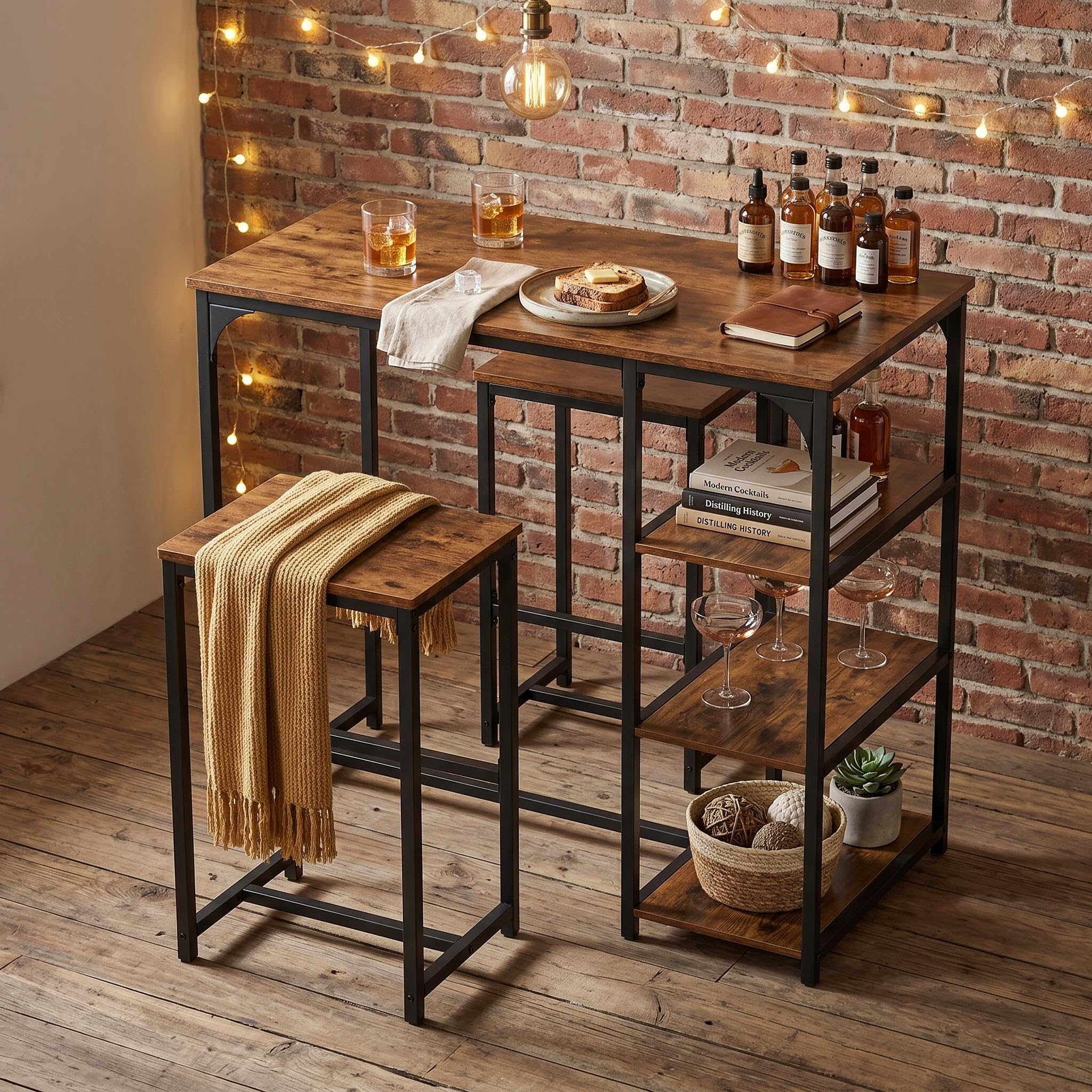 FurnitureR Industrial Bar Table Set with Storage Shelves, Space-Saving Breakfast Bar Table and Stool, Rustic Brown Wood Top with Black Metal Frame for Kitchen, Dining Room, Home Bar