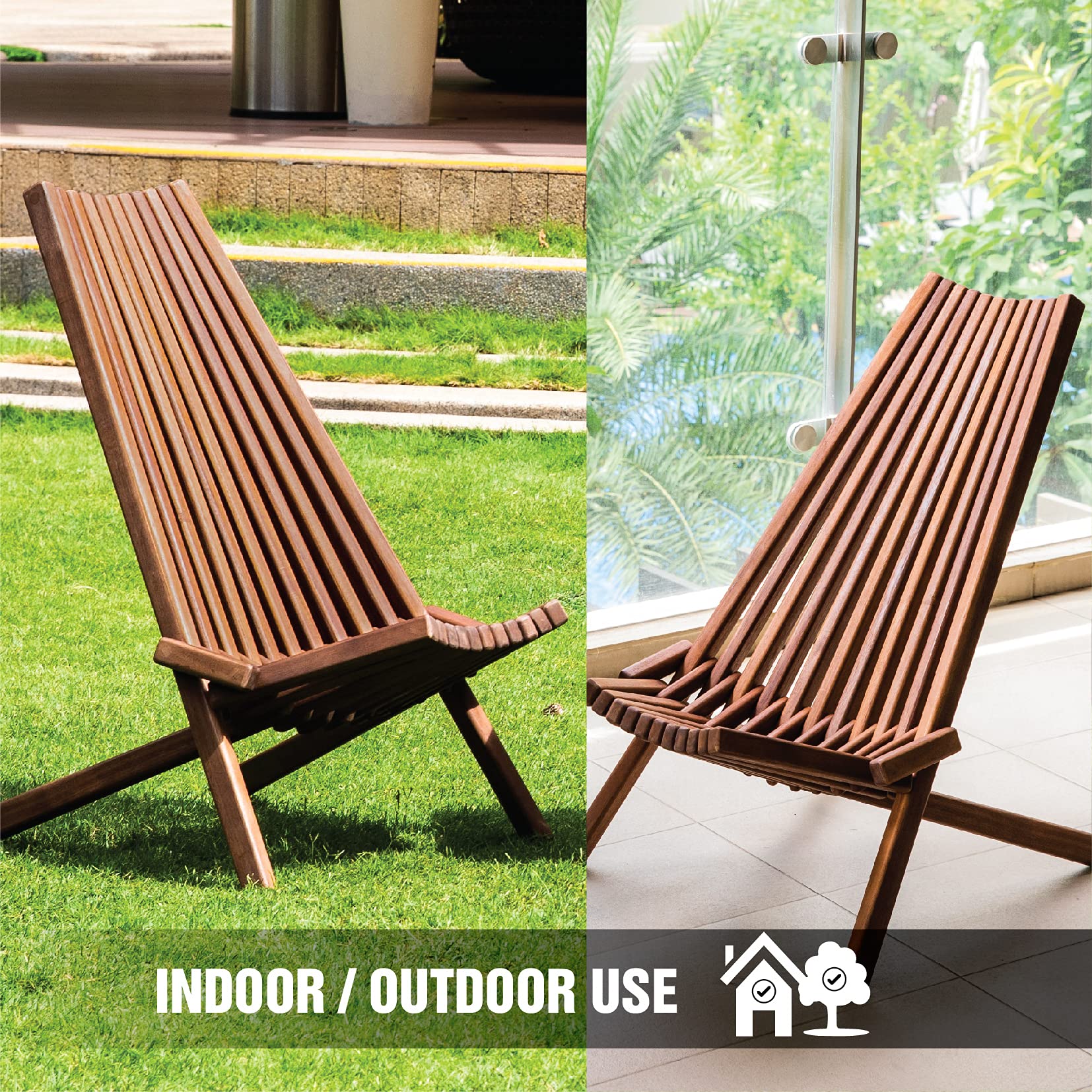 Melino Wooden Folding Chair for Outdoor, Low Profile Acacia Wood Lounge