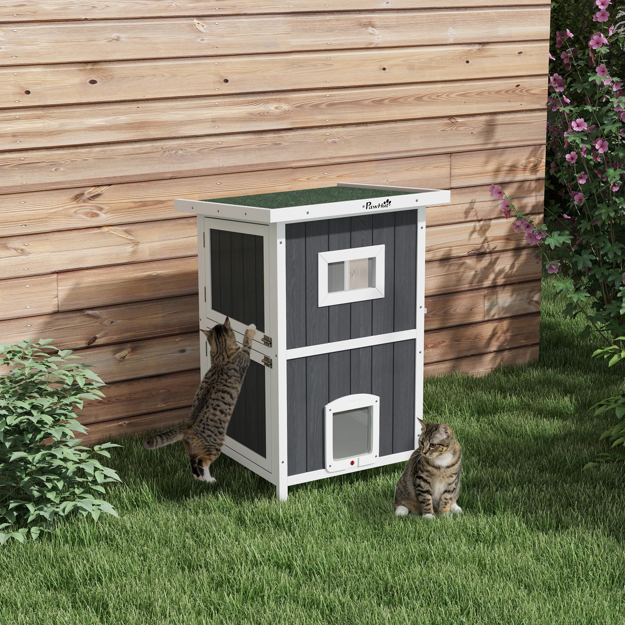 PawHut Cuccia Gatto Esterno in Legno di Abete a 2 Piani, Casetta per Gatti da Esterno con Tetto Apribile e Impermeabile, 60x60x90.5cm