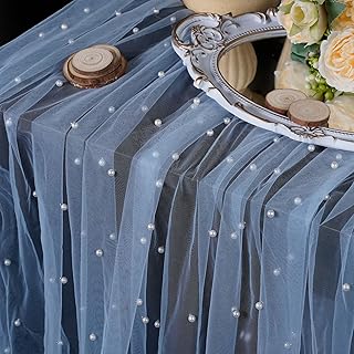 OSVINO 10ft Pearl Tablecloth Sky Blue Lace 63x120 inches Long Beaded Tulle Dessert Table Cloth Romantic Wedding Veil Tulle Arch Decorations Bridal Shower Holiday Birthday Party Decor - Buy now