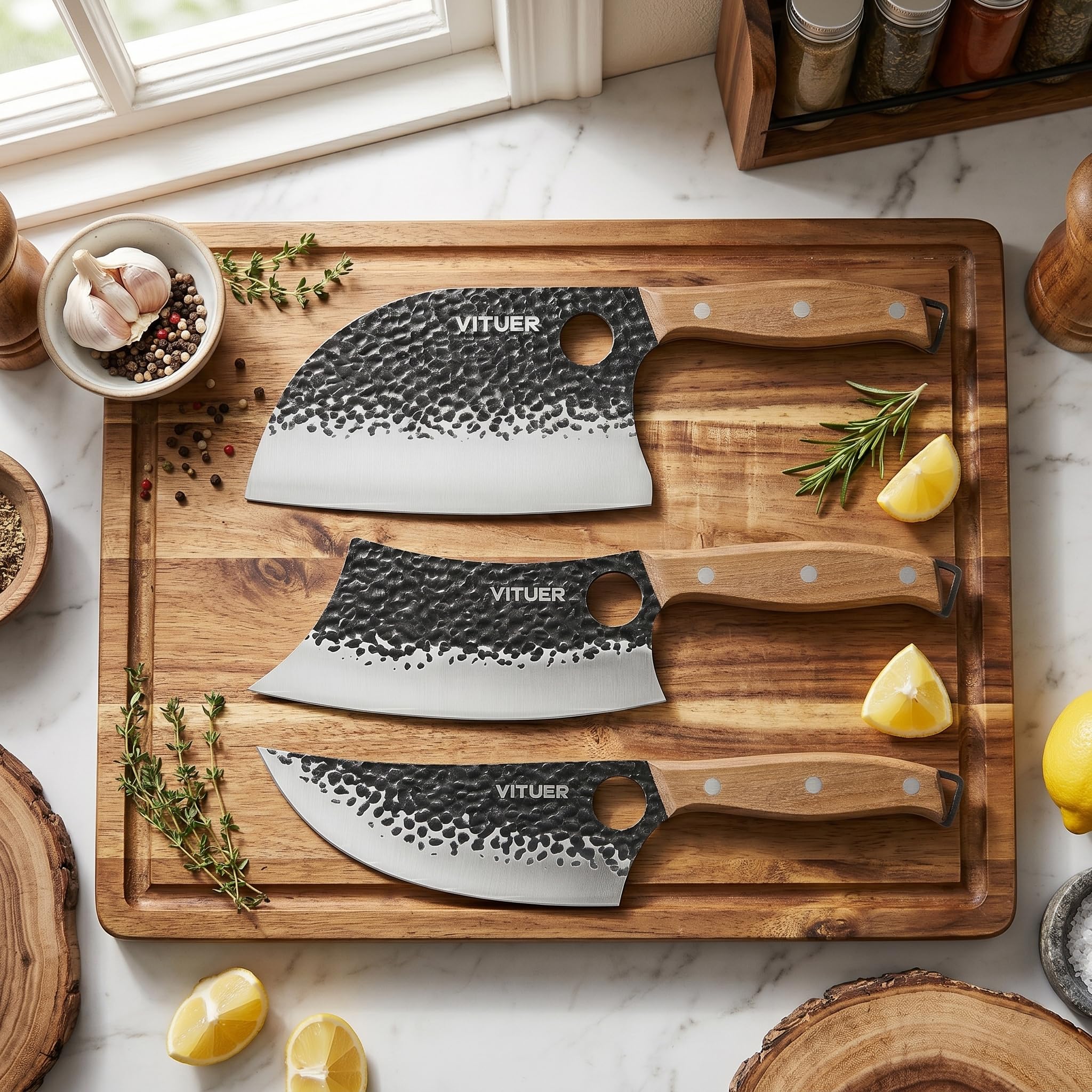 3PCS Butcher Knife Set, Hand Forged 7" Butcher Meat Cleaver, 7" Serbian Chef and 6.5" Viking Knife, Great for Indoor & Outdoor (Stylish Pattern Design) — Amazon image 7