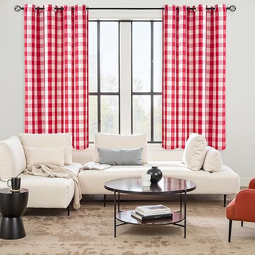 Vista 81 de Jubilantex Paneles de cortina semitransparentes a cuadros rojos y blancos, cortinas texturizadas a cuadros, cortinas de ventana de granja con ojales