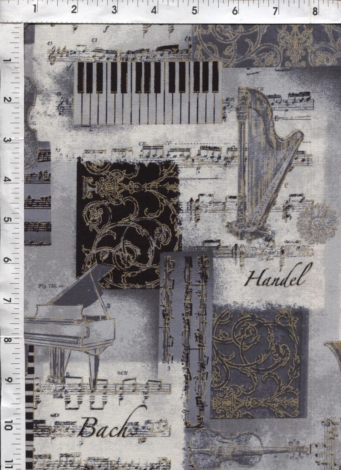 Robert Kaufman "All that Jazz" Charcoal Metallic Music Collage Fabric