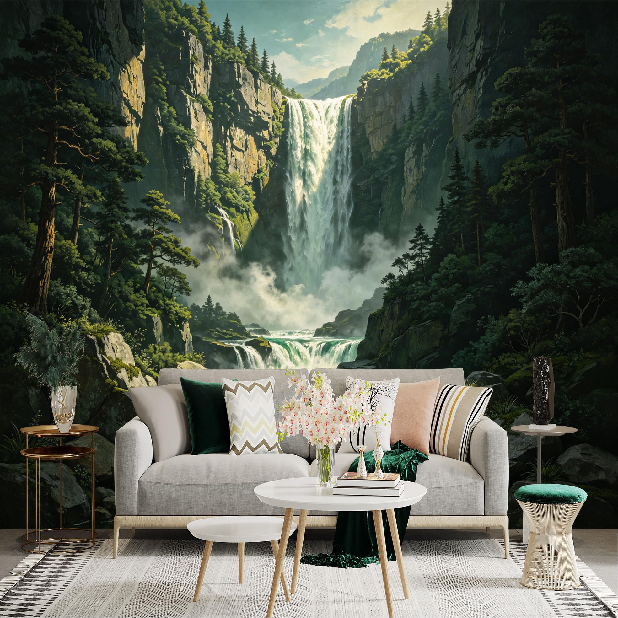 Lnzczhyre Dbh260521301 Custom Size Wall Sticker Mural， Majestic Waterfall， Misty Mountain Landscape， Flowing River， Pine Forest Scenery， For Wall Decoration， Peelandstick Wall Decals.