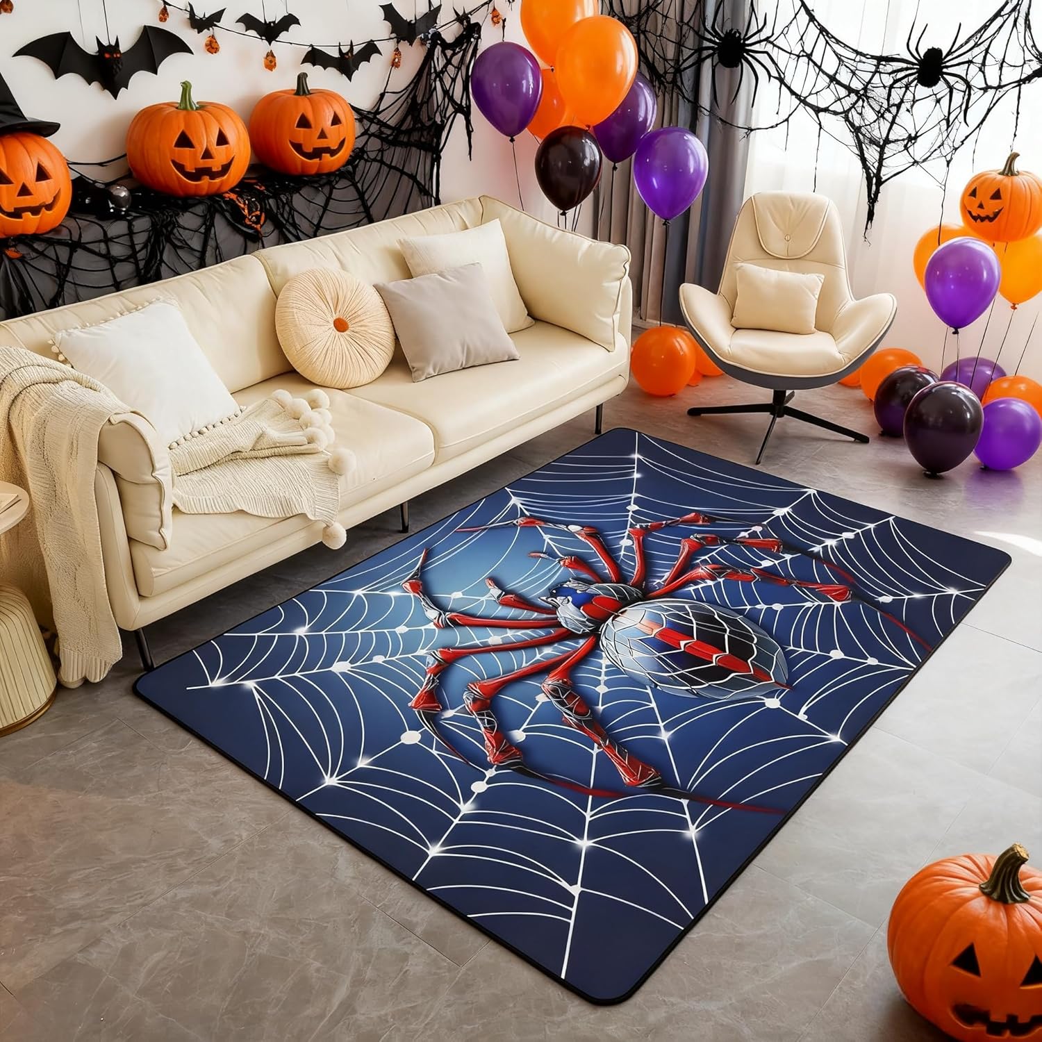 Spider Web Kids Area Rug,Red Black Spider Arachnid Insect Animal Indoor Floor Mat Entrance Rug for Girls Boys,Happy Halloween Gothic Non Slip Rug,Blue Fashion Couch Living Room Decor,3'x5'