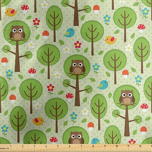 Ambesonne Owl Print Fabric by The Yard, Forest Scene with Birds Trees Flowers and Leaves Spring Vibes, Decorative Satin Fabric for Home Textiles and