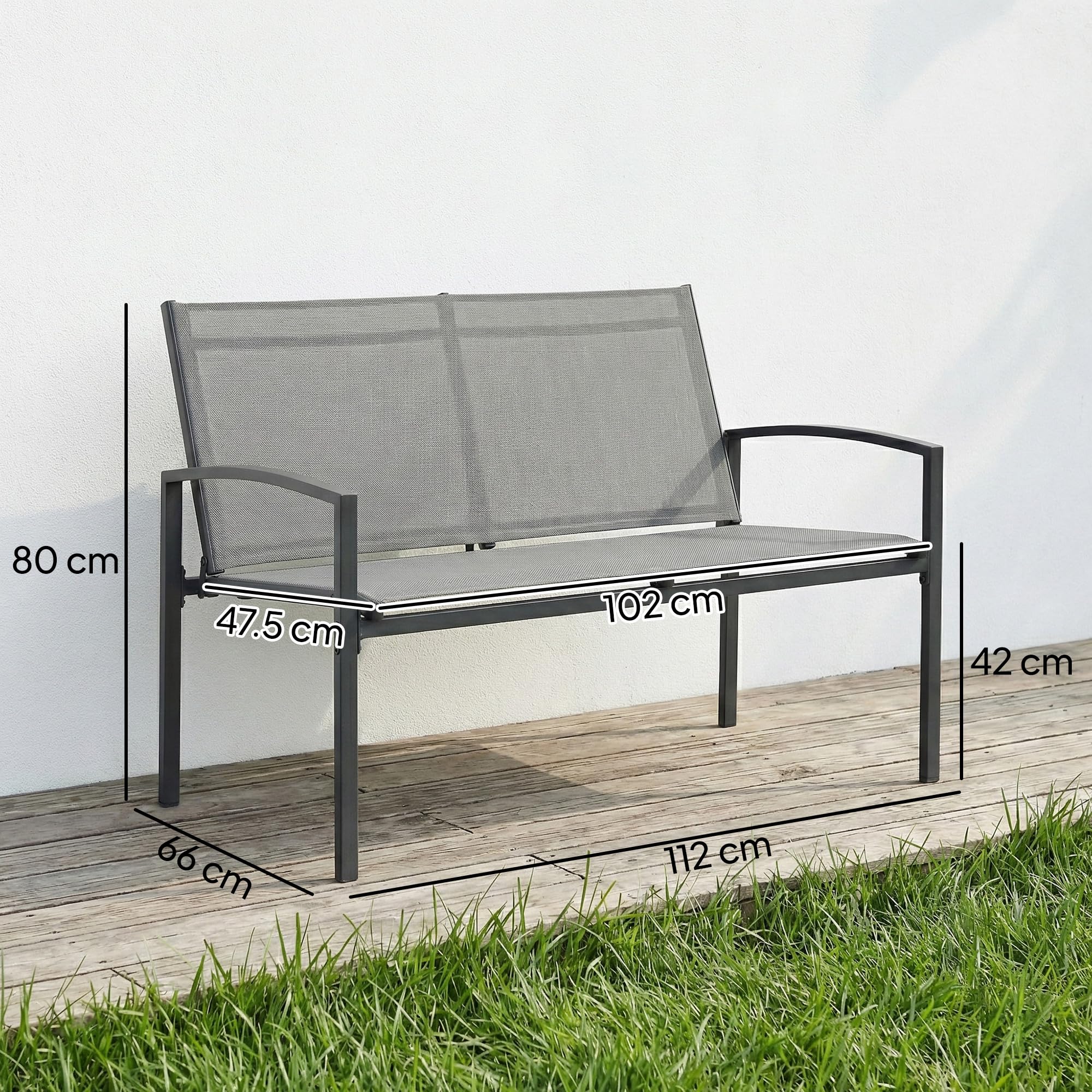 Outsunny Panchina da Giardino da 2 Posti in Texteline, Panchina da Esterno con Braccioli Curvi in Metallo, Panca per Terrazza Patio e Cortile, Balcone, 112x66x80cm, Grigio