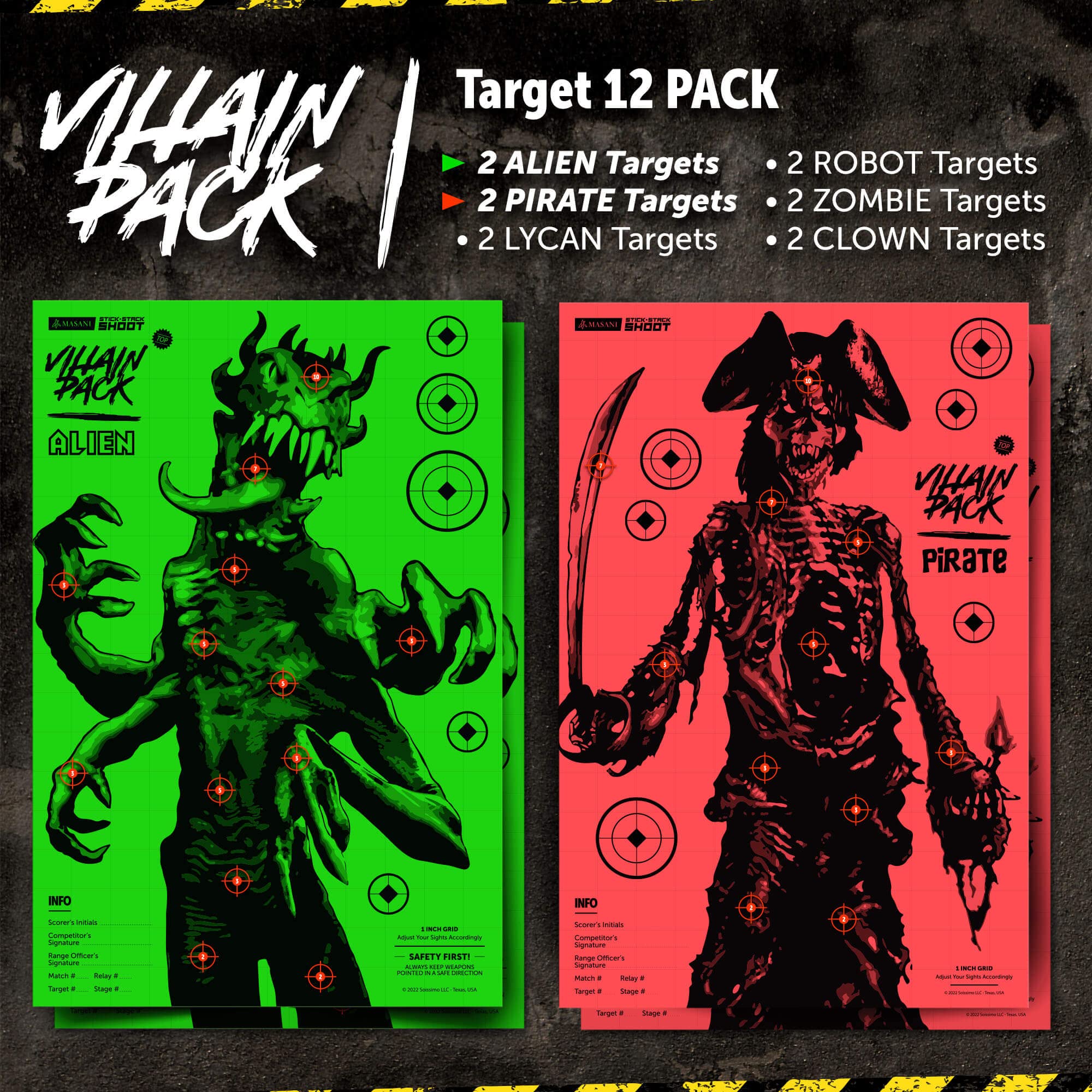 MASANI Villain Shooting Targets - 12 Pack Paper Targets - 2X Each Monster - Indoor/Outdoor, Backyard Range Fun for All BB Gun, Pistol, Rifle, Crossbow, Archery, Pellet and Airsoft Guns - 12 x 18 Inch