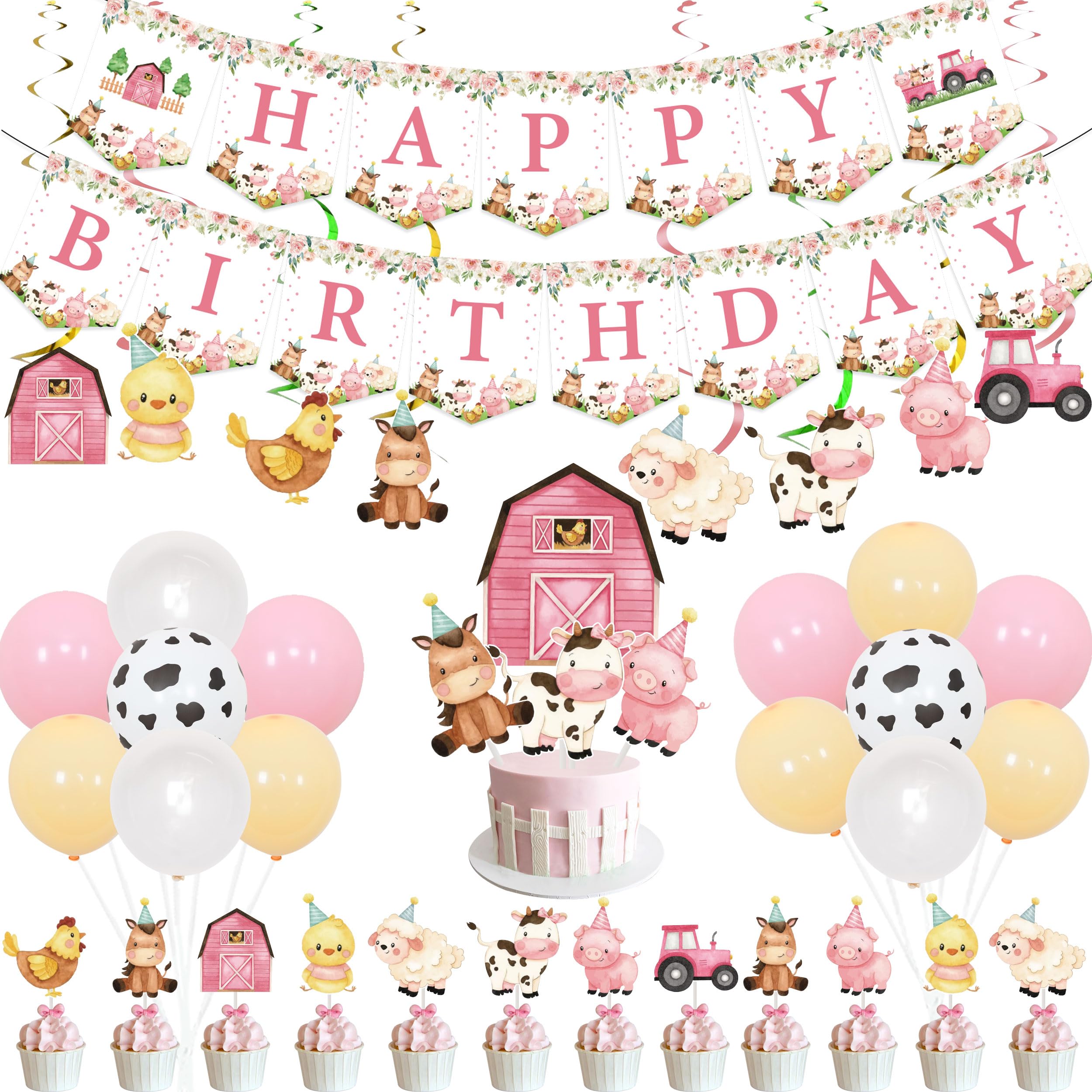 Pink Farm Animals Birthday Decorations for Girls Farmhouse Floral Theme Happy Birthday Banner Cow Pig Donkey Balloons Hanging Swirls Cake Cupcake