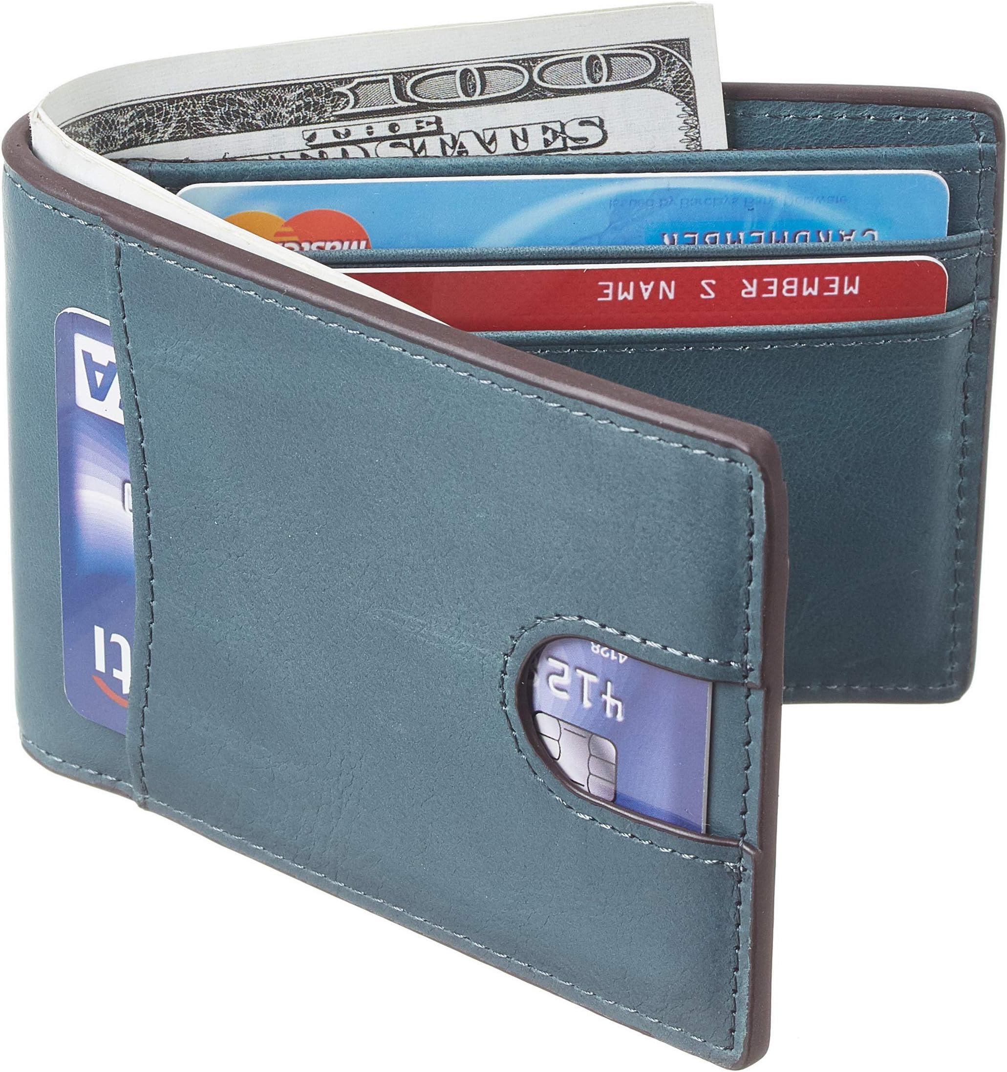 Casmonal Mens Leather Wallet Slim Front Pocket Wallet Billfold RFID Blocking(Vintage Green Ink Premium)