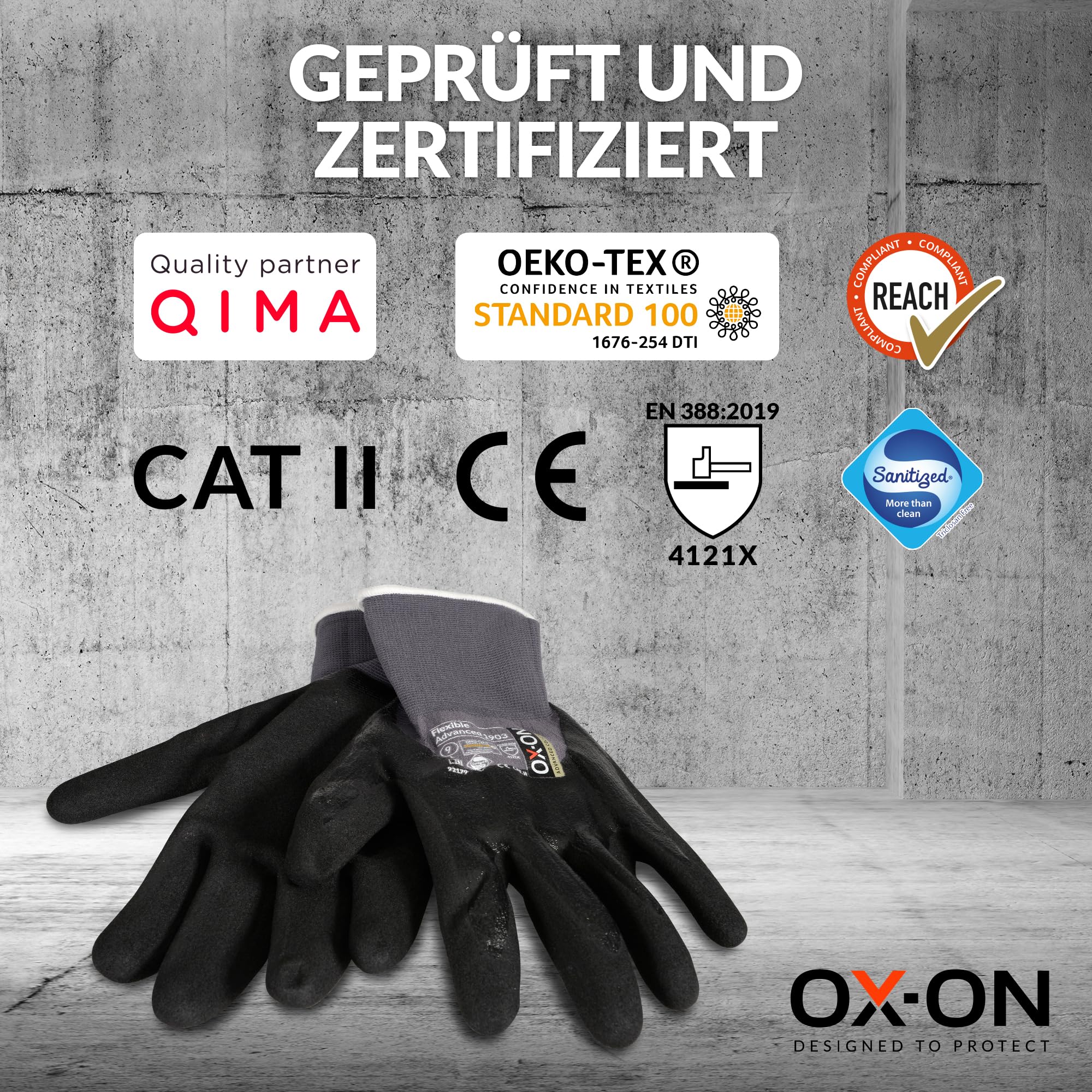 OX-ON FLEXIBLE ADVANCED 1903 Gants de travail Taille 9 I 12 paires de gants de protection imperméables et oléophobes avec double revêtement I Confortable et avec adhérence ferme I Certification EN I