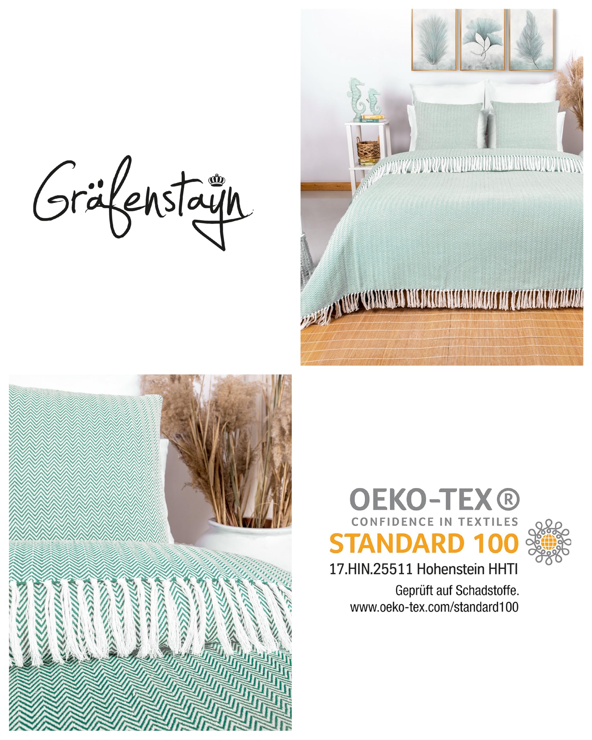 Gräfenstayn Narzuta premium z frędzlami, 100% bawełna, 220 x 240 cm, wzór w jodełkę, kołdra letnia, bawełniana narzuta na łóżko, kanapę, kolor miętowy