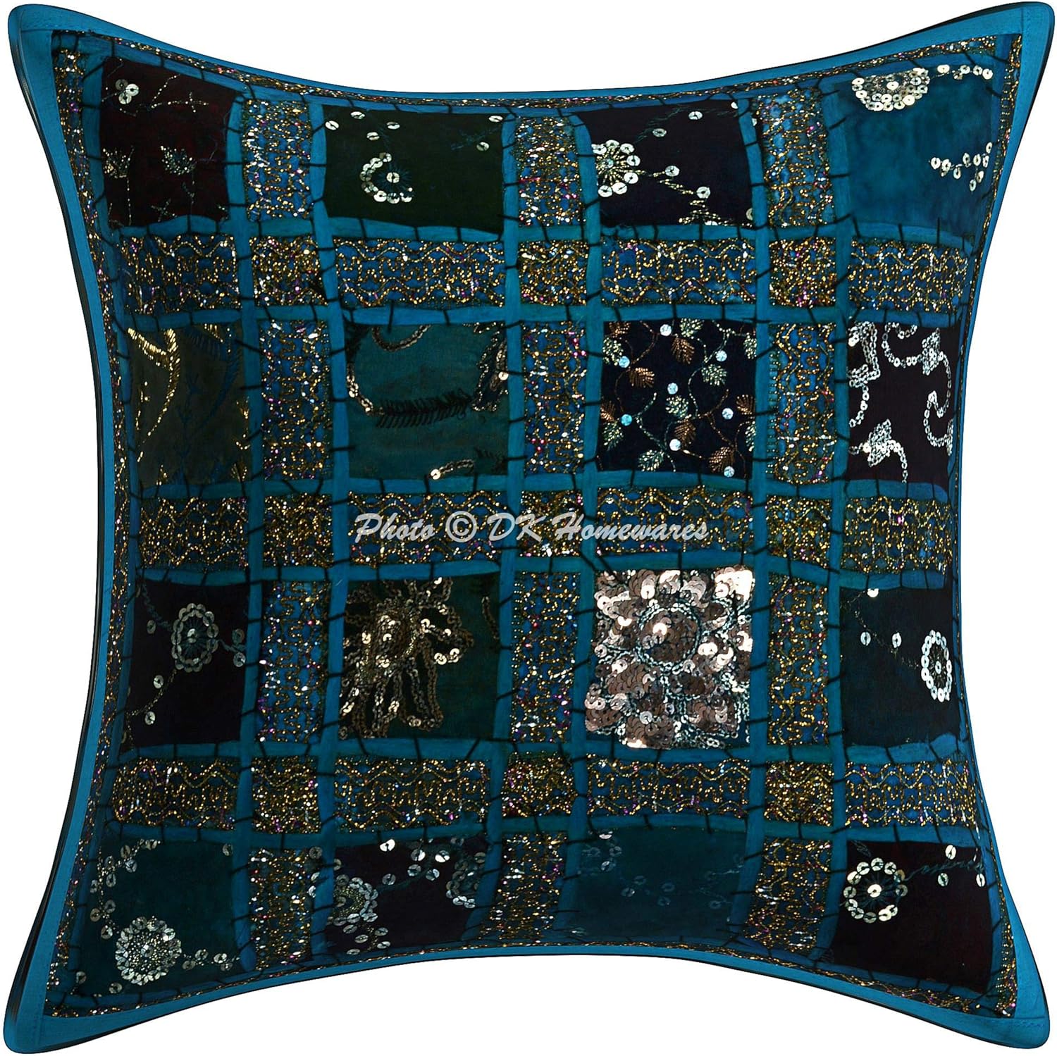 Boho Decorative Accent Throw Pillow Covers 16x16 Inch Cotton Patchwork Geometric Ethnic Square Sofa Cushion Covers (Size - 40x40 cm ; Color: Turquoise) - Set of 5 Pcs (Cover Only)