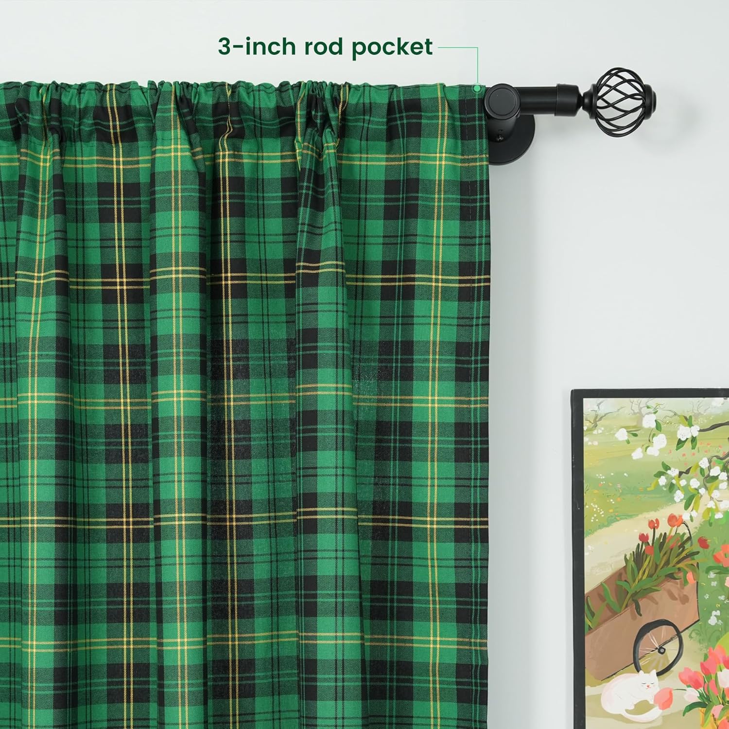 Buffalo Check Curtains Green Black Tartan Plaid Window Curtain Panel Semi Blackout Farmhouse Rod Pocket Window Drapes for St. Patrick's Day Living Room Kitchen, 2 Panels, 52 x 63 Inch