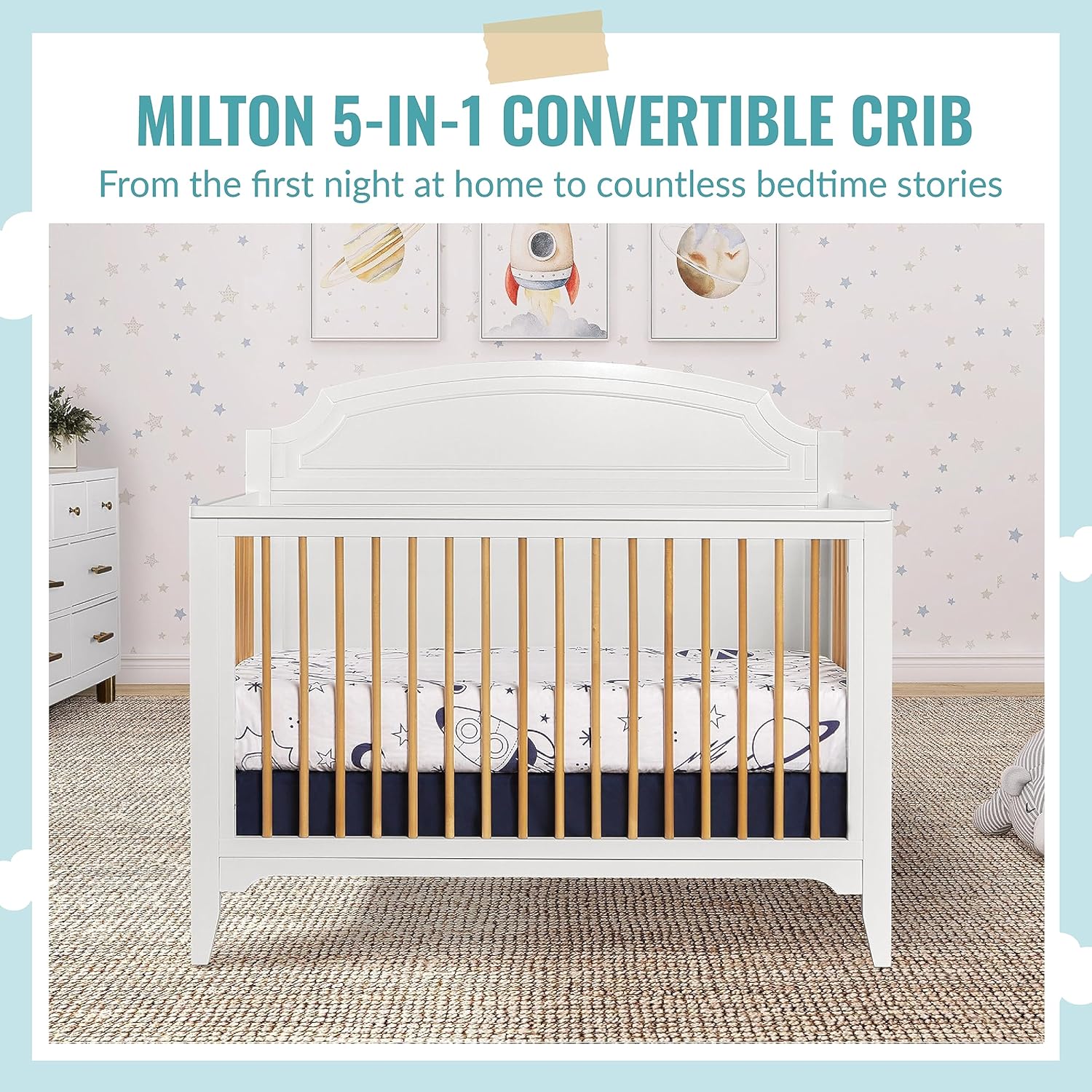 Dream On Me Milton 5-in-1 Convertible Full-Size Baby Crib, White & Natural, Wood Spindles, GreenGuard Gold & JPMA, Converts to Toddler, Day & Full-Size Bed, Adjustable Mattress Heights