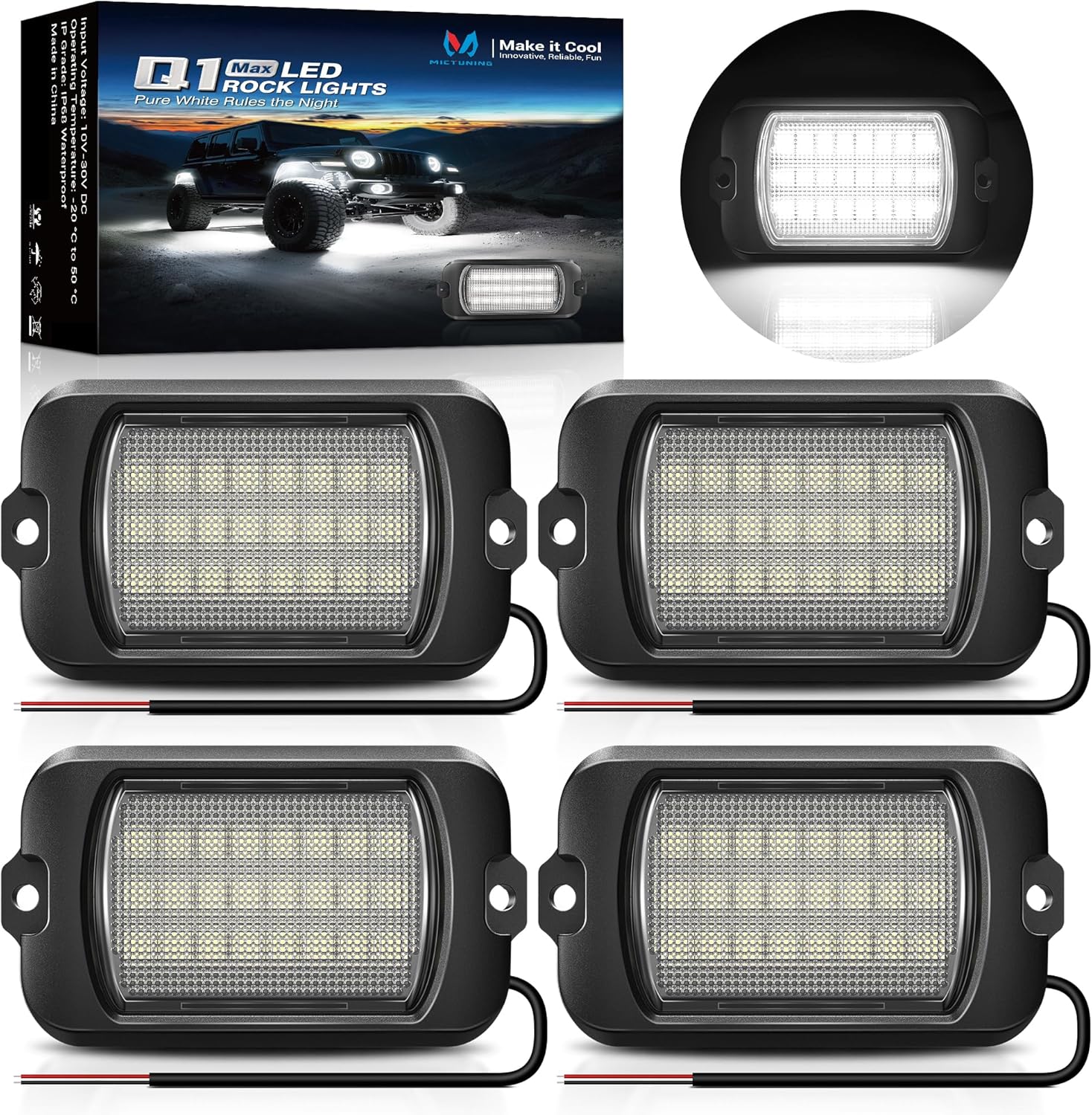 MICTUNING Q1 Max White Rock Lights, 4 Pods Super Bright Pure Underglow Light Kit, IP68 Waterproof for Truck Car ATV UTV Golf Cart (2 Year Warranty)