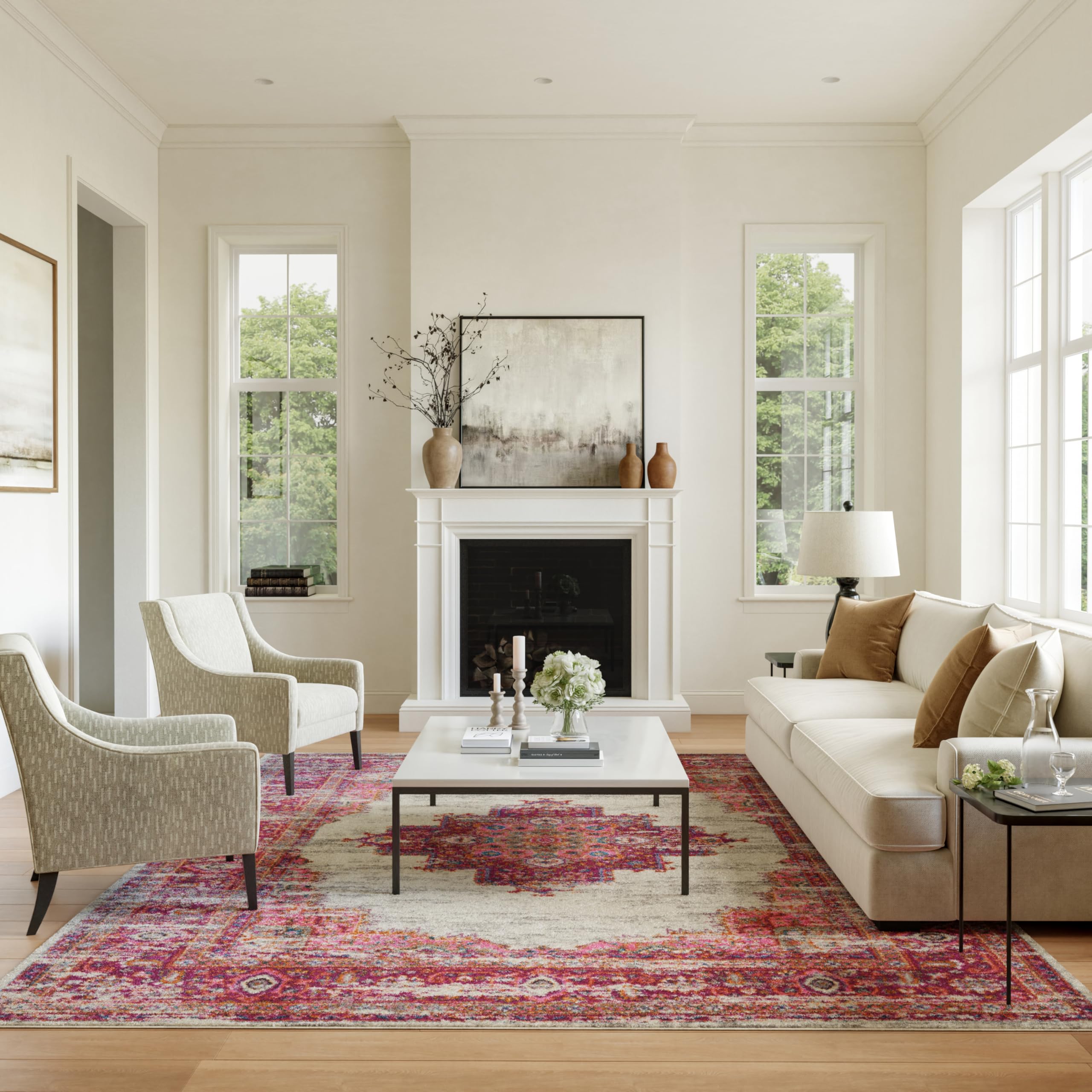 Nourison Passion Ivory/Fuchsia 8' x 10' Area Rug, Boho, Traditional, Easy Clean, Non Shedding, Bed Room, Living Room, Hallway (8x10)