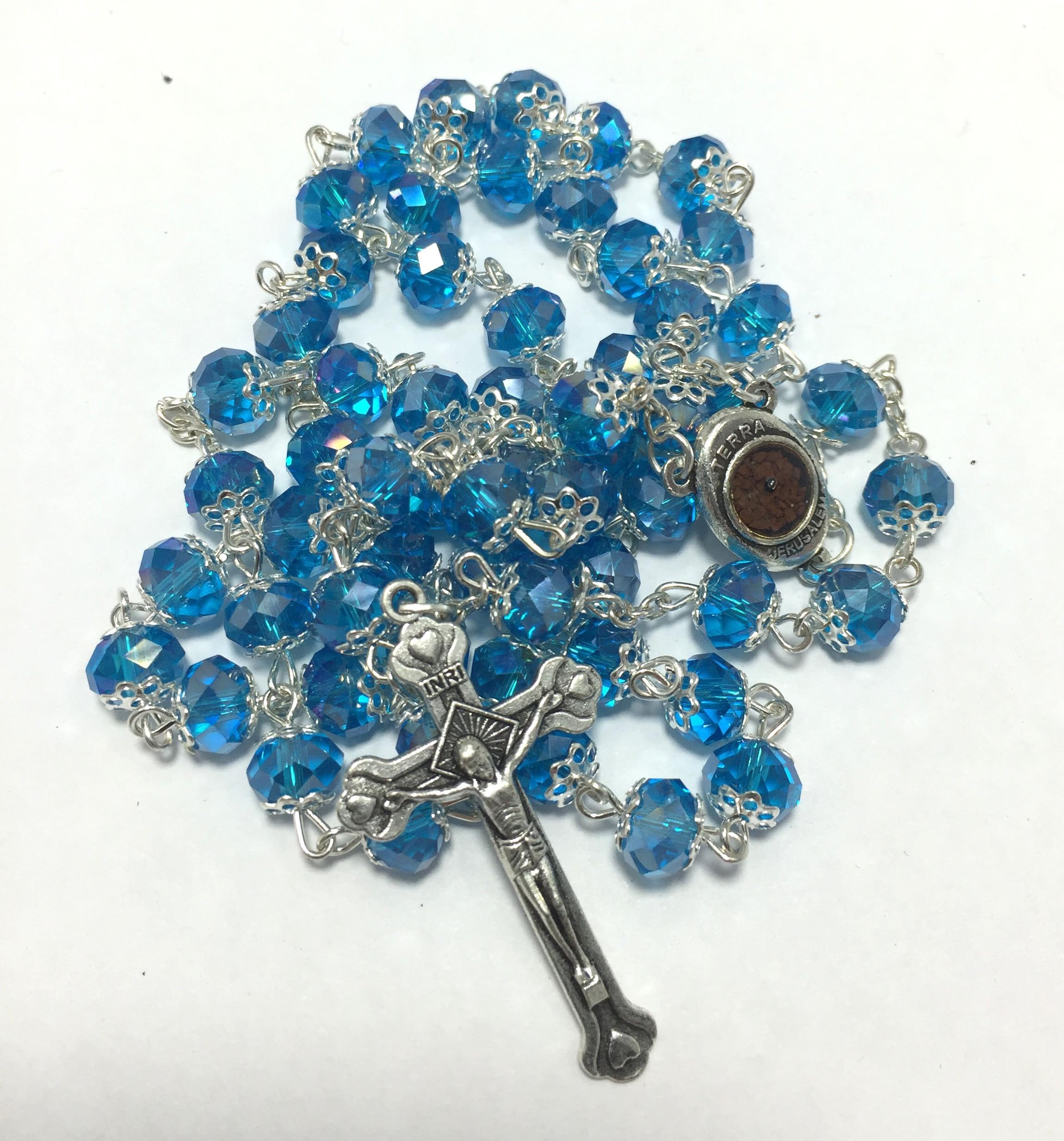 Birsppy Light Blue Glass Crystal Beads Rosary Necklace Holy Soil Medal Silver Plated New in Box