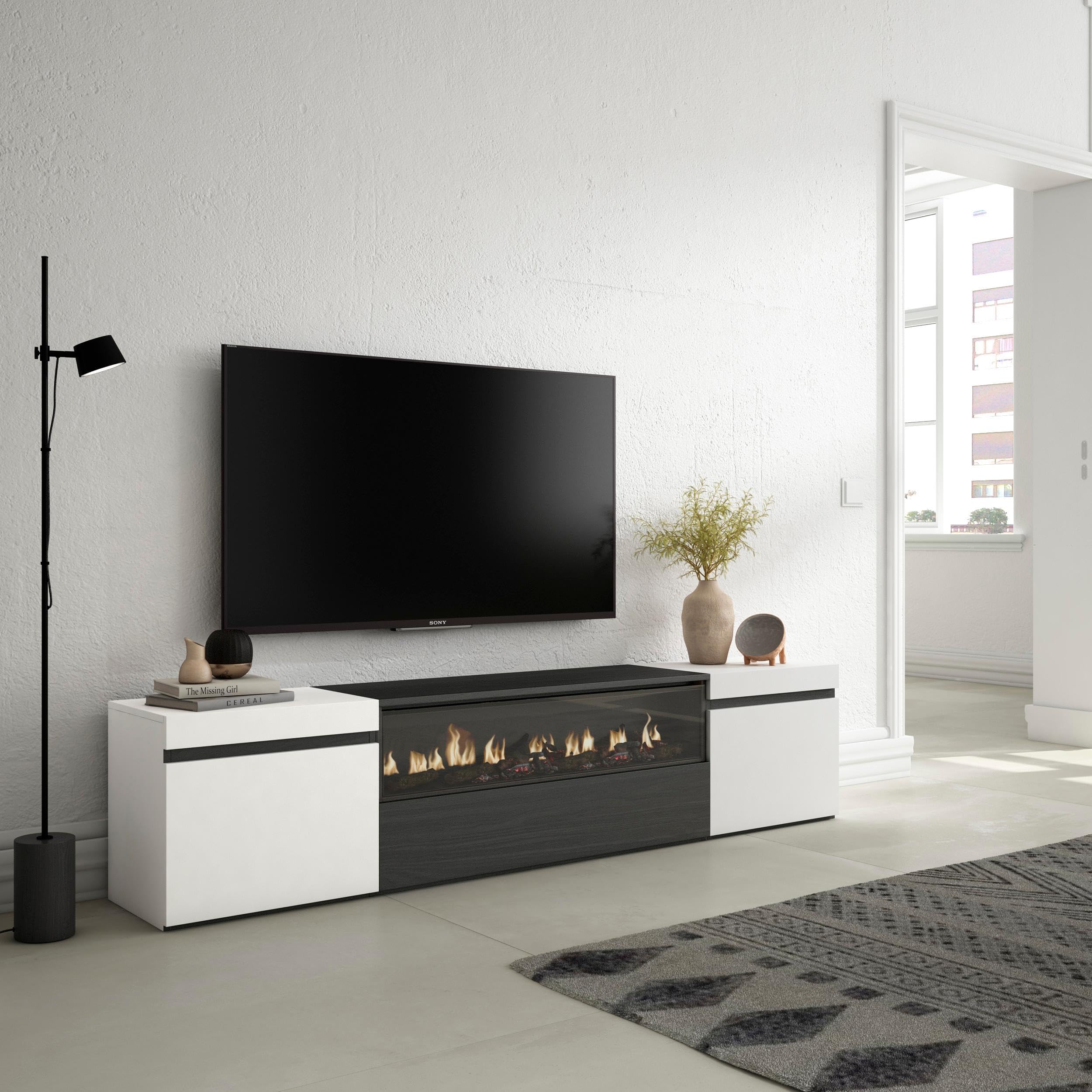 Skraut Home | Mobile TV Soggiorno | Ampio spazio a disposizione | 200x45x35cm | Per TV fino a 80" | Camino elettrico | Stile moderno | Bianco e nero