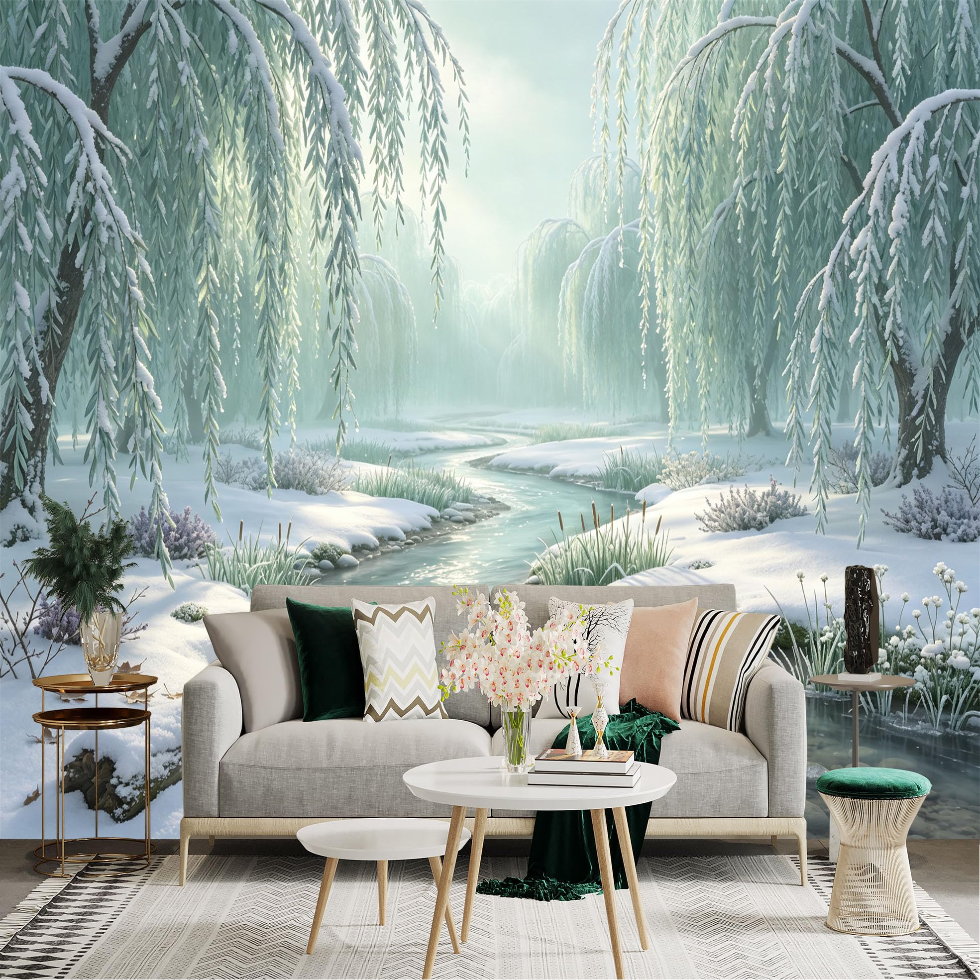 Lnzczhyre Bh260719267 Custom Size Wall Sticker Mural， Snowy Winter Creek， Frozen Willow Trees， Calm River Landscape， Serene Nature Scene， For Wall Decoration， Peelandstick Wall Decals.