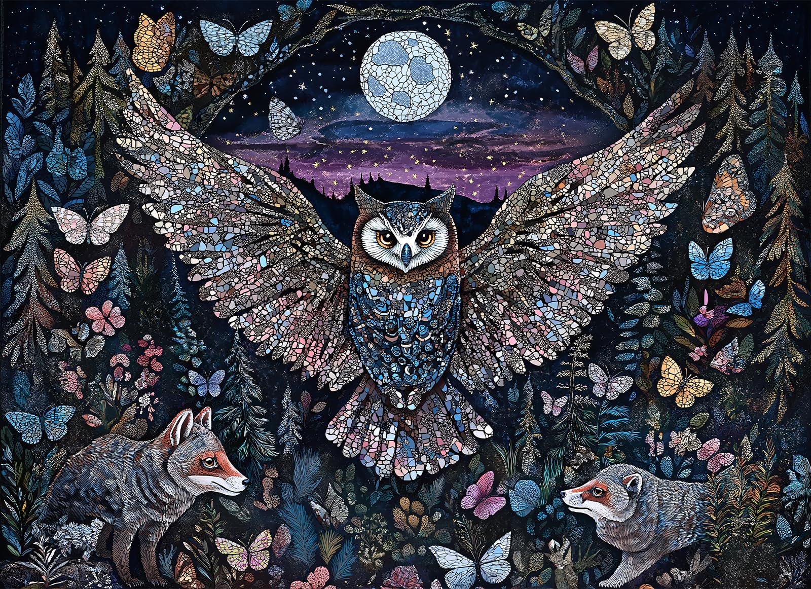 Puzzle da 1000 pezzi per adulti, gufo che si illumina al buio | Enchanted Moonlit Forest Puzzle con farfalle e volpi, stimolante gioco rompicapo a tema natura, 67,6 x 48,8 cm