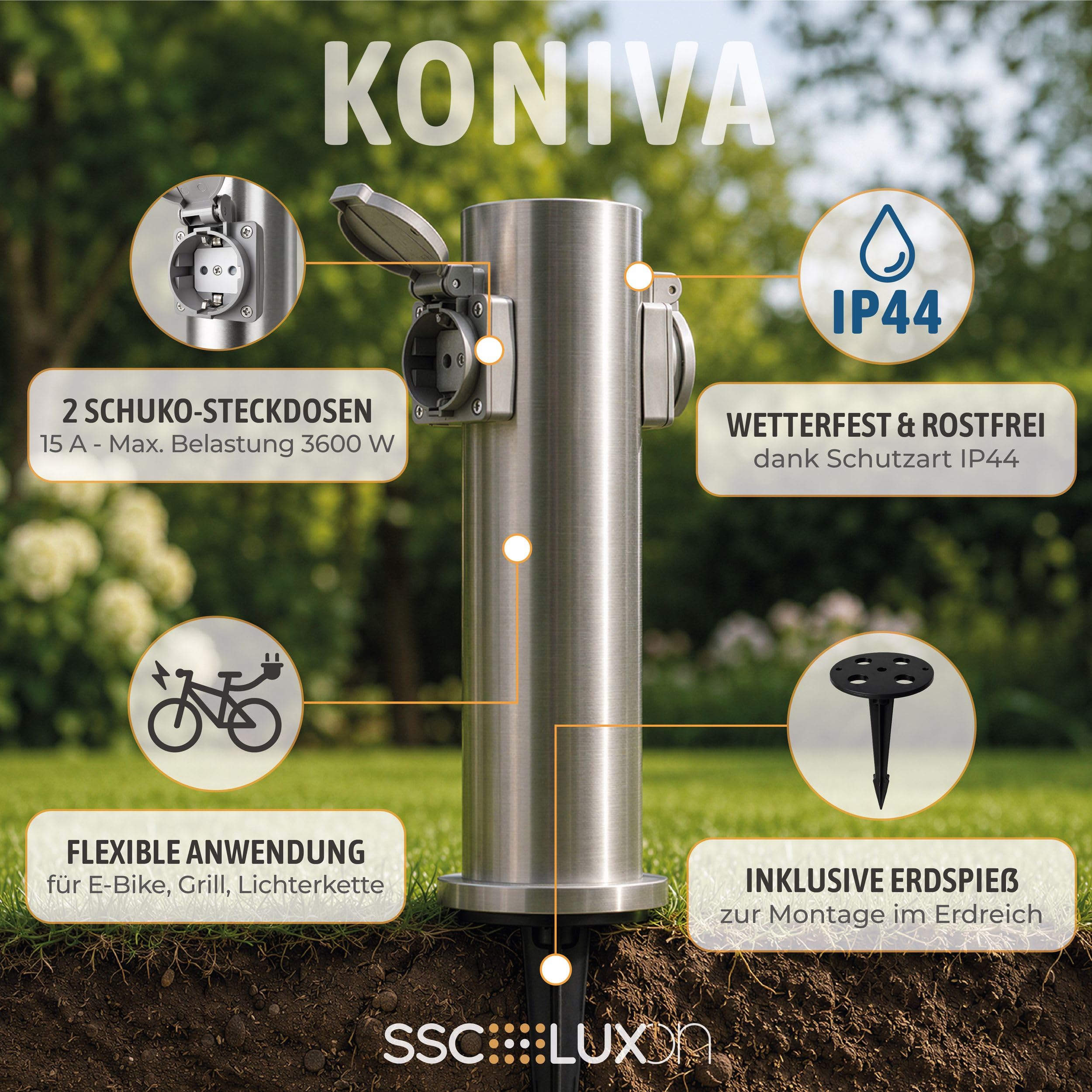 SSC-LUXon Zestaw składający się z gniazdka ogrodowego, kolumny energetycznej i nierdzewnego szpikulca do wbijania w ziemię, aluminium – zewnętrzna kolumna gniazdkowa ze stali