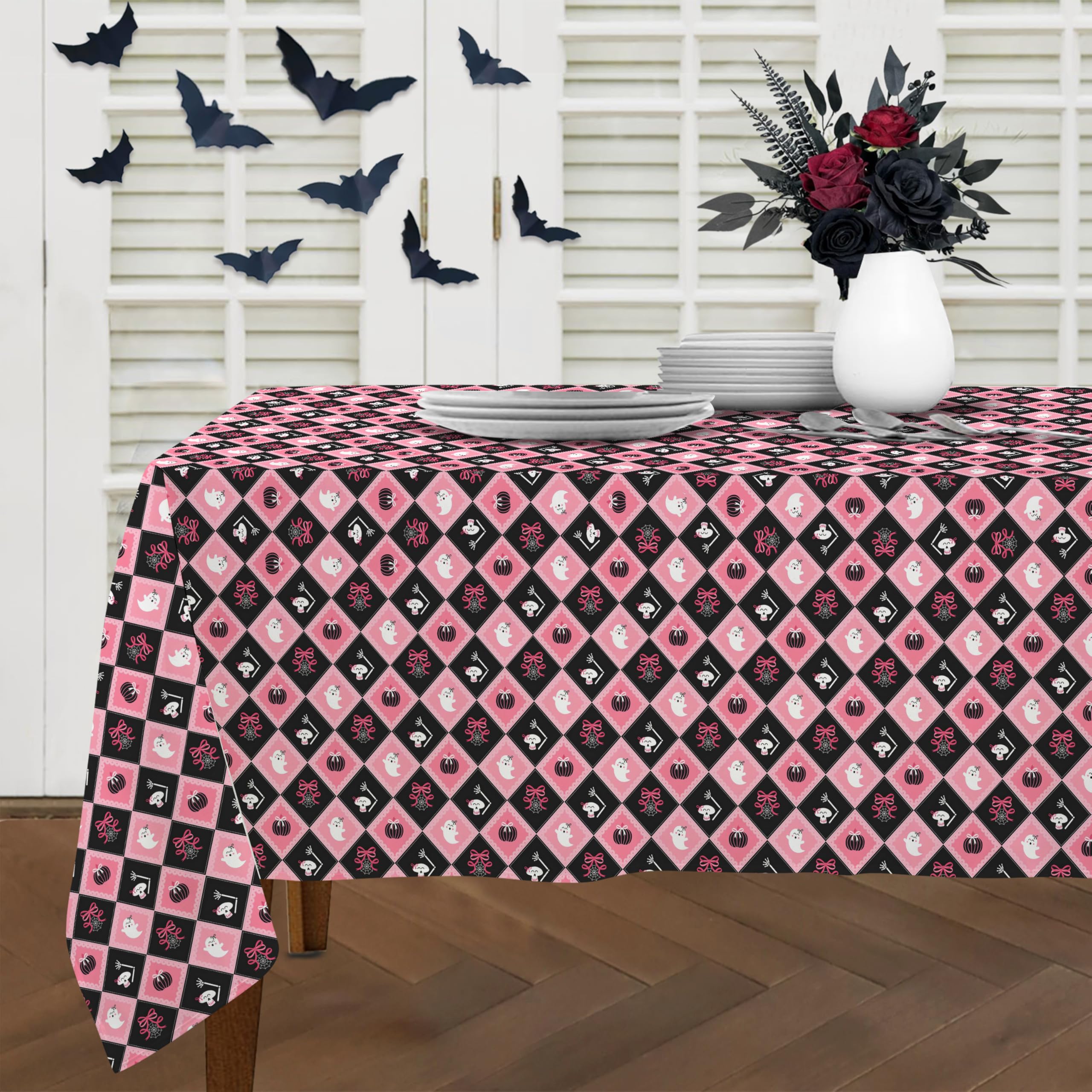 Virtumob Cute Checkered (Black Pink) Halloween Tablecloth 60X102 Inch Rectangular, Black/Pink Checkered Cute Pumpkin Ghost Skull Spider Web Table Cover Ginham Decorations For Rectangle Tables