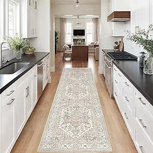 Madane Runner Rug 2x8, Washable Hallway Runner Rugs, Non-Slip Low-Pile Soft Kitchen Rug Runner Laundry Room Rug, Vintage Throw Entry Foyer Mat for Entrance Living Room (Beige/Brown, 2 x 8)