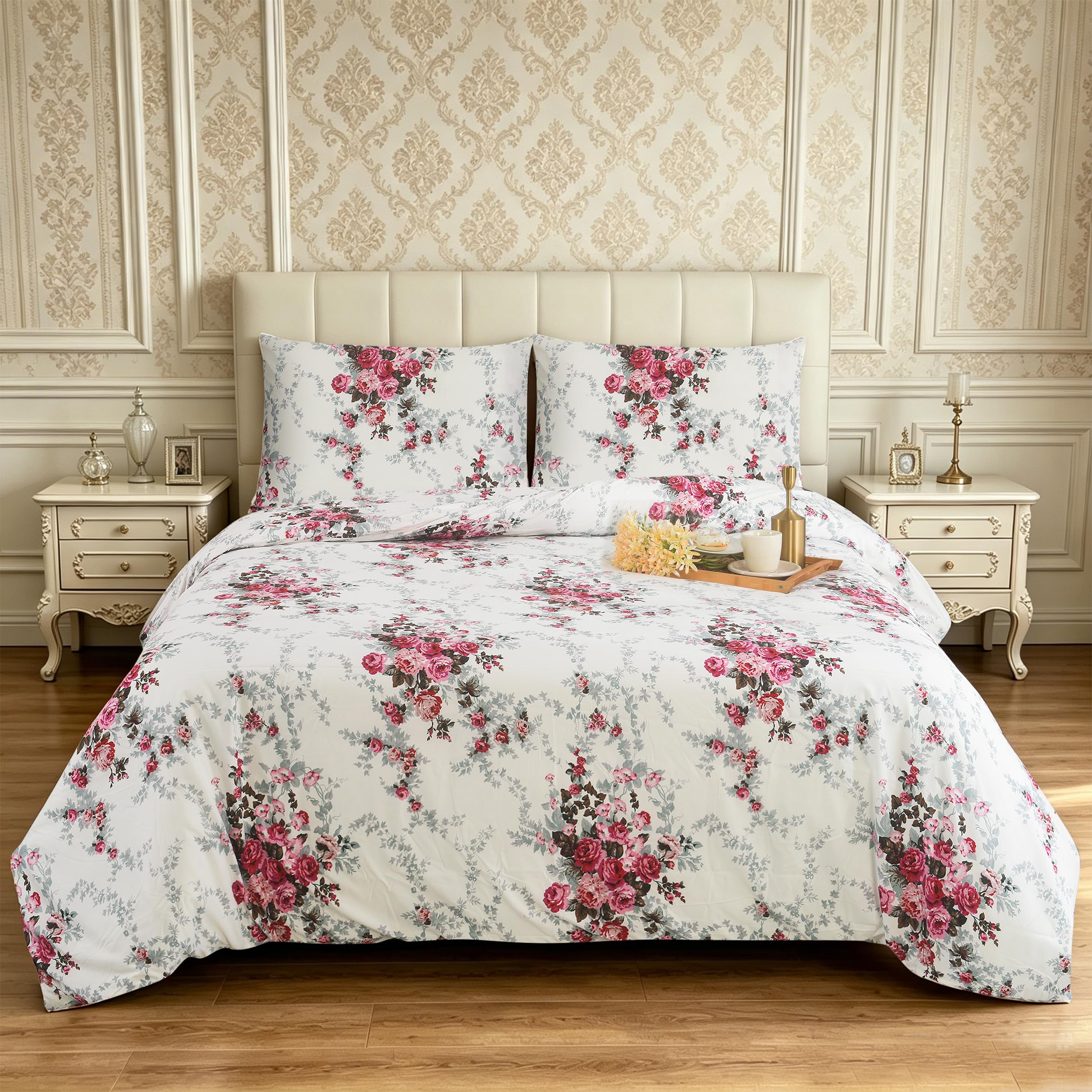 CHARKHAH 3 Piece Reversible Floral King Duvet Cover Set with 2 Pillowcases, Soft Microfibre Printed Quilt Cover Bedding, Easy Care All Seasons