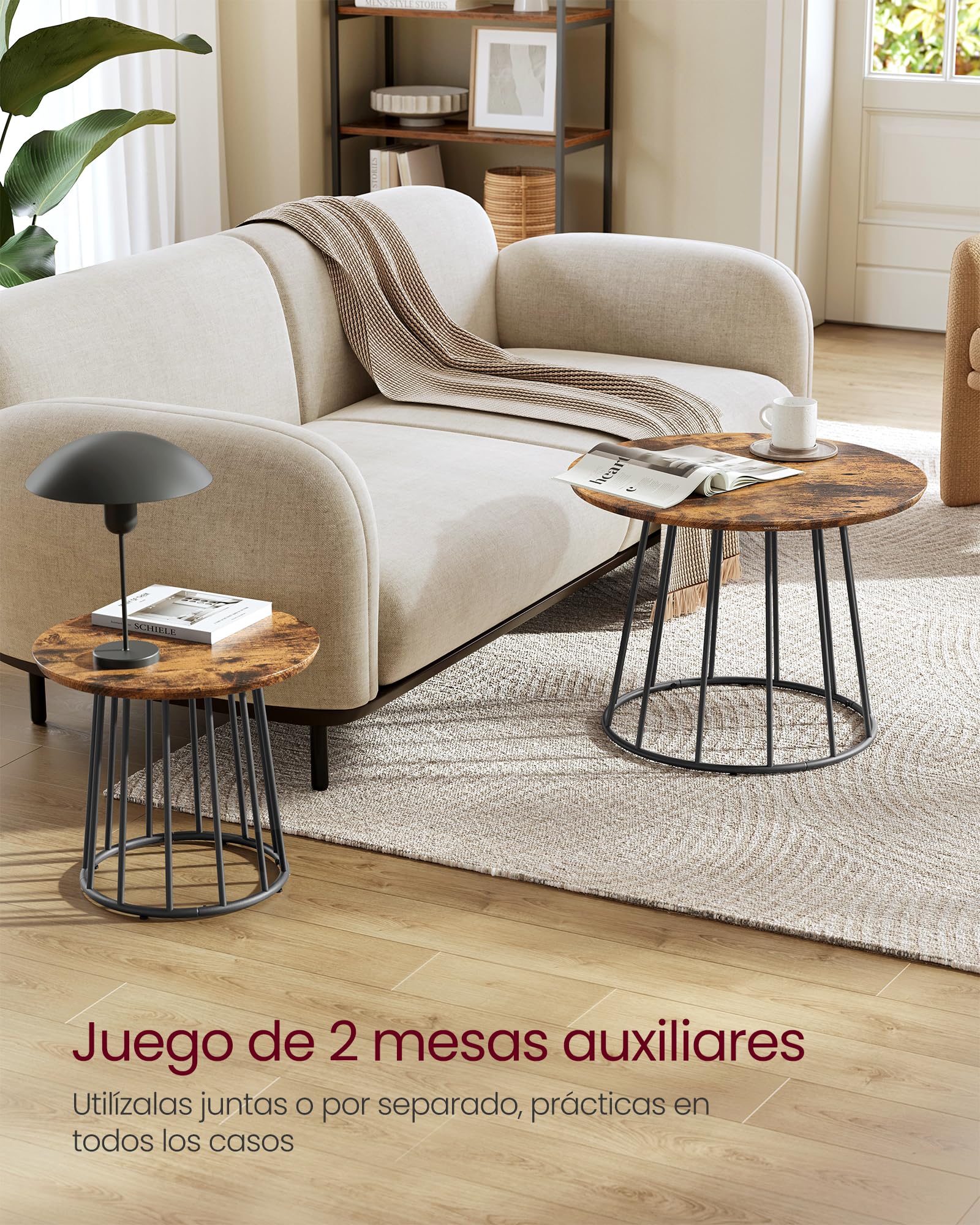 VASAGLE Mesa de Centro Redonda, Juego de 2 Mesas de Café, Estilo Moderno, Marco de Acero, para Sala de Estar, Dormitorio, Marrón Rústico LCT045K01