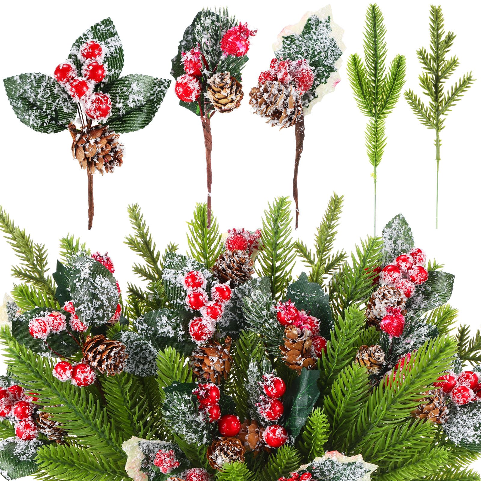 Yunlly Künstliche grüne Tannennadeln, Weihnachtsblumen, künstliche Stechpalme, rote Beeren, Zweigstiel, Tanne, schneebedeckte Zweige Girlande, Großpackung für Baum, Handwerk, Urlaub, Winter