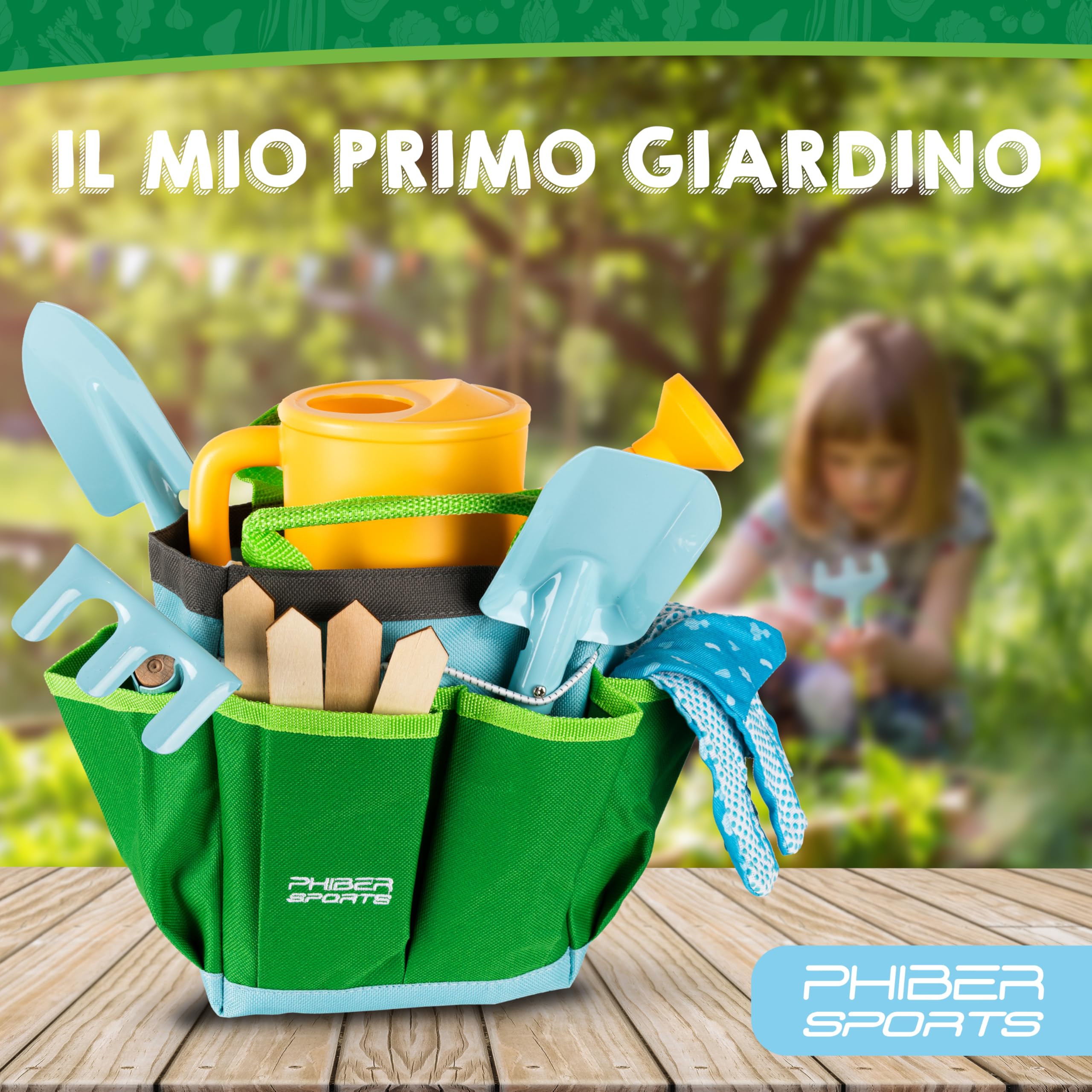 PHIBER-SPORTS Set di Attrezzi da Giardino per Bambini (11 Pezzi) - Attrezzi da Giardinaggio per Bambini dai 3 Anni in su - Strumenti in Metallo, annaffiatoio, Guanti da Giardinaggio, Borsa
