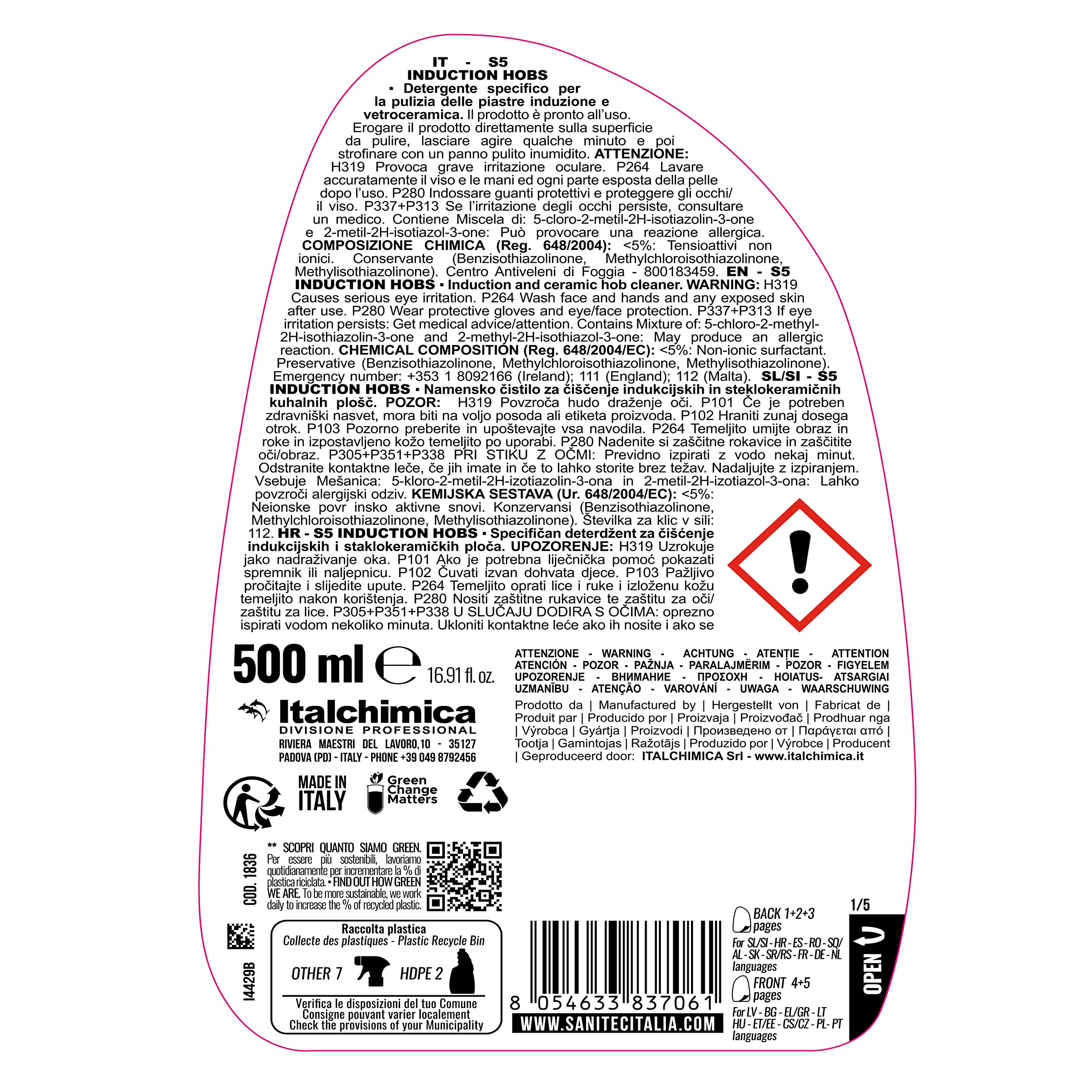 Sanitec, S5 Induction Hobs, Detergente ad Effetto Distaccante per la Pulizia dei Piani di Cottura, in Vetroceramica e Induzione, Rimuove Facilmente Sporchi Grassi, Made in Italy, Flacone 500 ml