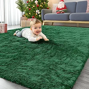 OLANLY Area Rugs for Living Room Bedroom, Machine Washable 4x5.9 ft Soft Fluffy Shaggy Bedside Rug, Indoor Floor Carpet for Kids Girls and Boys, Dorms, Nursery Rooms, Home Decor Aesthetic, Dark Green