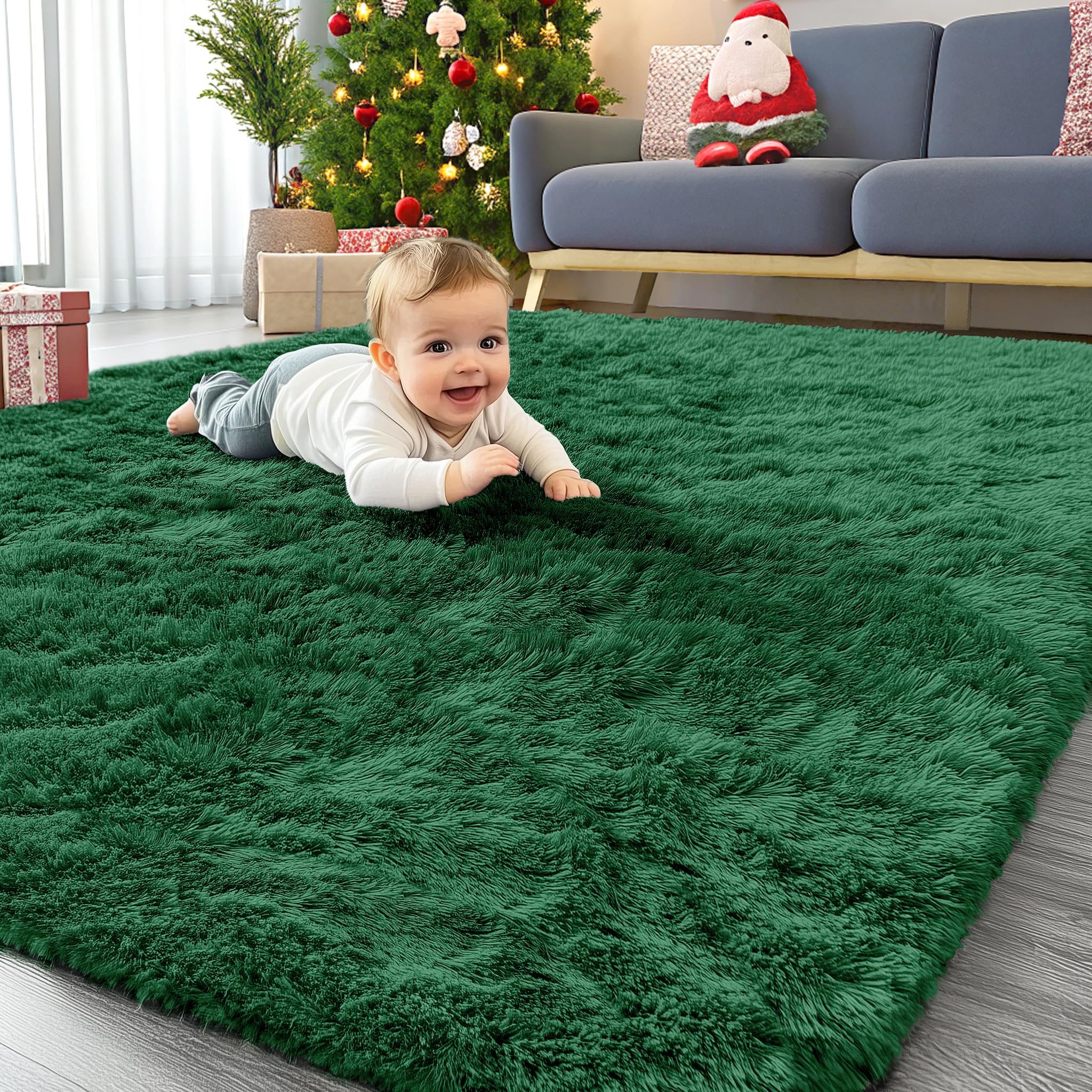 OLANLY Area Rugs for Living Room Bedroom, Machine Washable 4x5.9 Feet Soft Fluffy Shaggy Bedside Rug, Indoor Floor Carpet for Kids Girls Boys, Dorms, Nursery Rooms, Home Decor Aesthetic, Dark Green