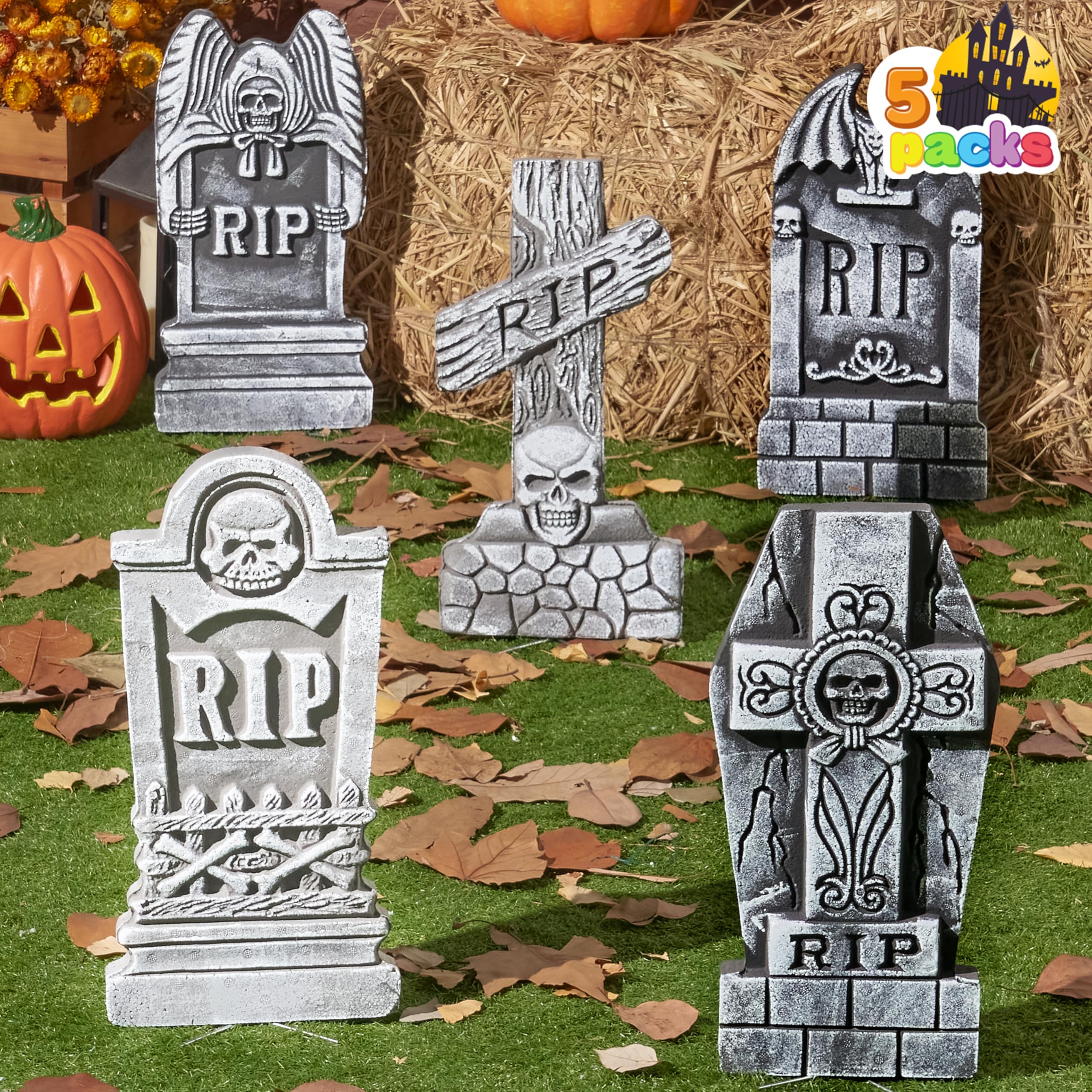 JOYIN 17” Halloween Foam RIP Graveyard Tombstones (5 Pack), Halloween Tombstones Decorations Outdoor for Graves with 12 Metal Stakes for Cemetery Yard Lawn Party Decor