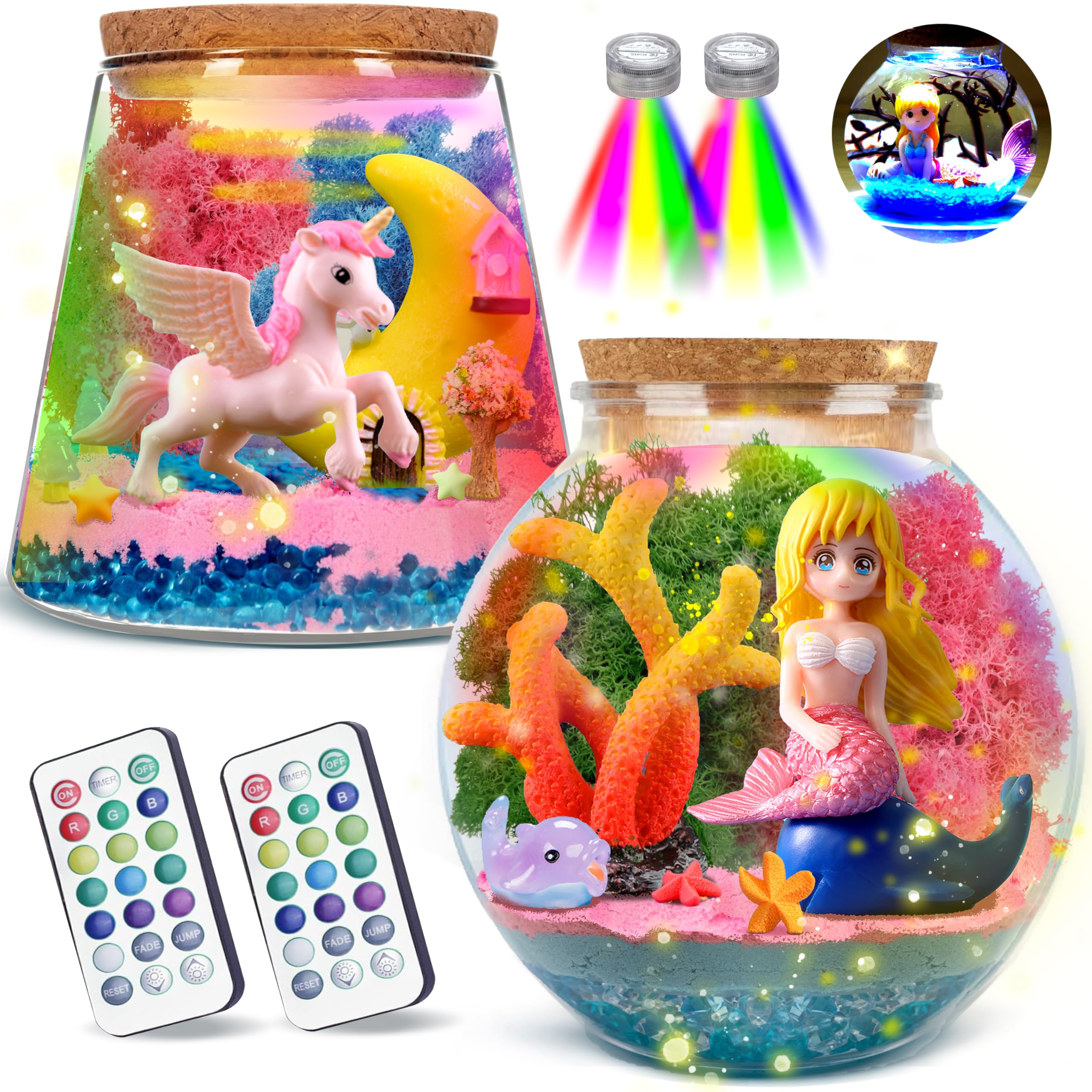 Mermaid Terrarium Kit, DIY Girls Dream Toys, Arts & Crafts Supplies for Kids Aged 5-12, LED Night Light with Remote, Birthday Gift (Mermaid + Unicorn Terrarium Kit)