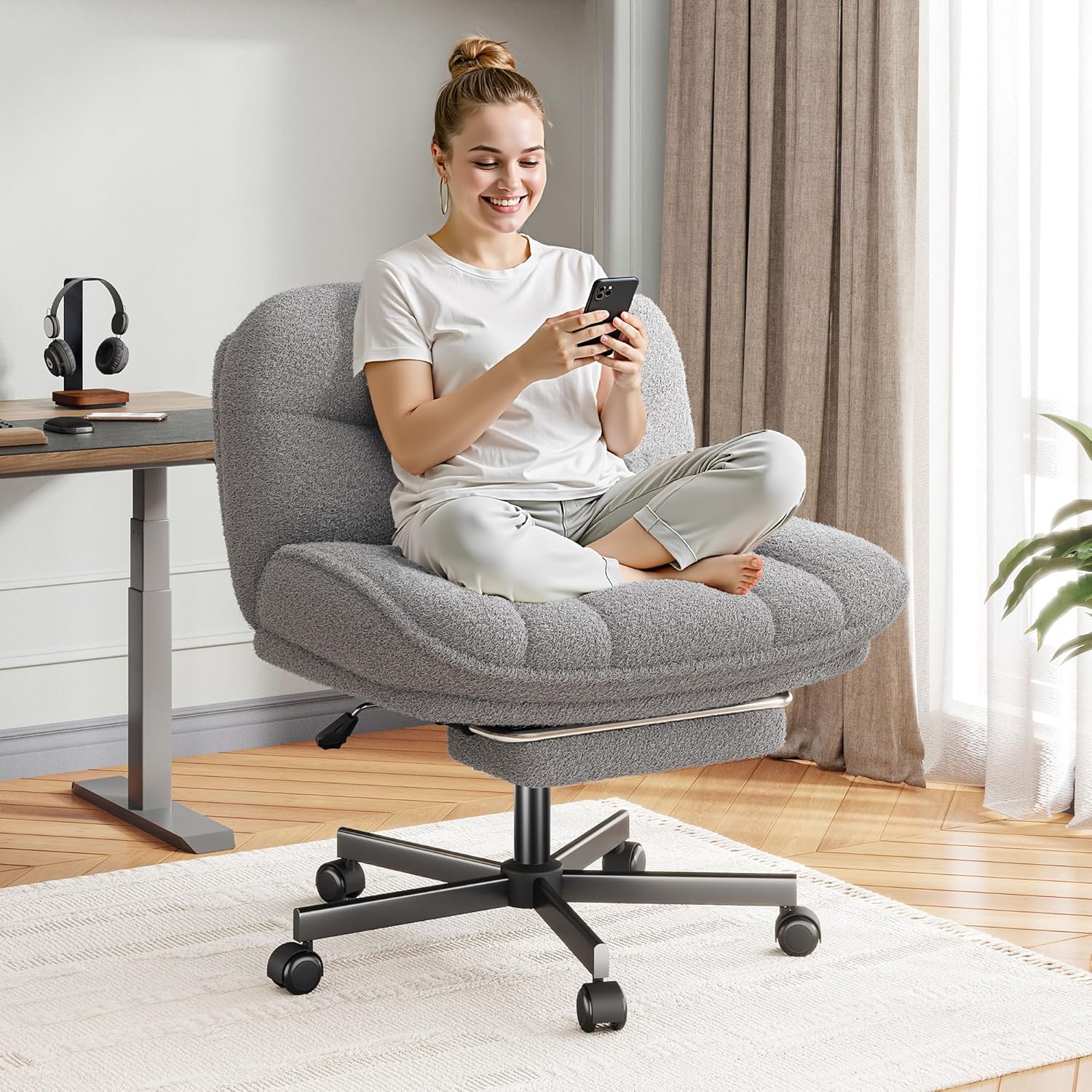 Durayloly Cross Legged Office Chair With Foot Rest Wheels