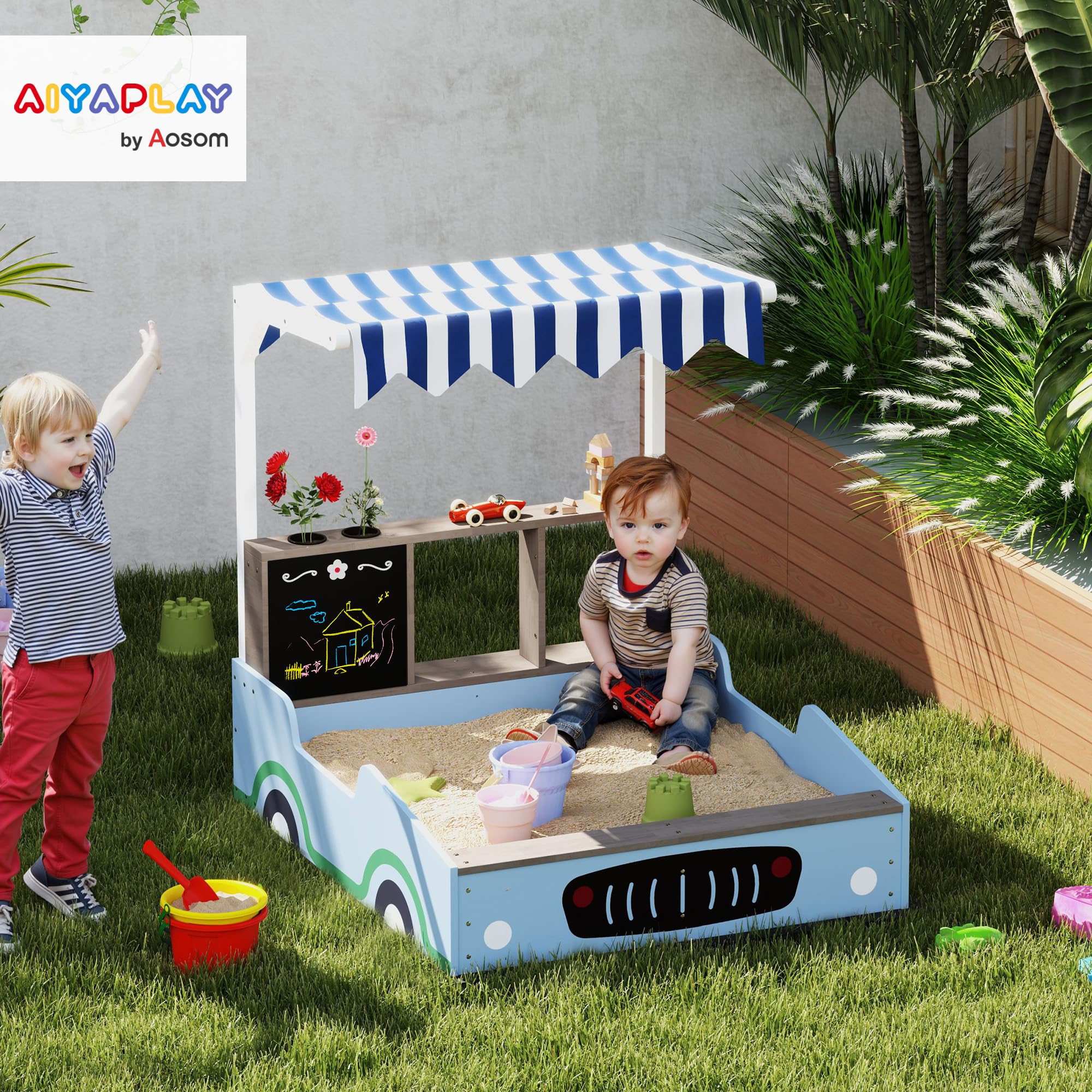 AIYAPLAY Sandkasten mit Abdeckung 90 x 120 cm aus Massivholz Imprägniert Kinder Sandbox mit Sitzbänken Zeichentafel, Pflanzkästen, Matschküche, Sandkiste für Outdoor Balkon Garten