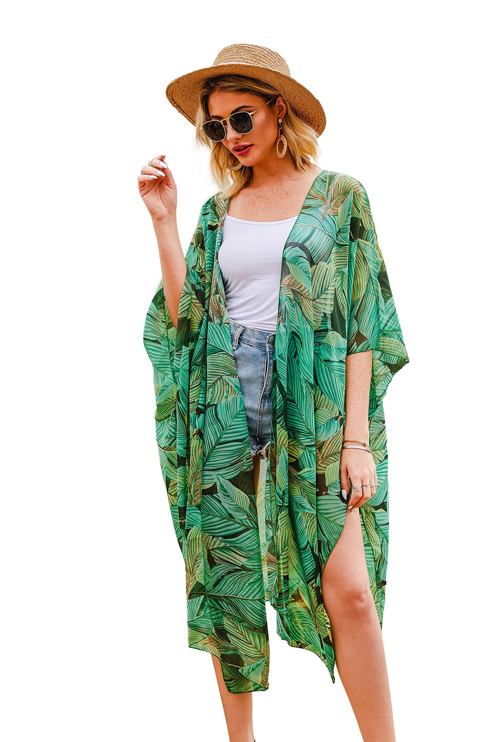 HiblucoWomen's Long Floral Kimono Printed Cardigan Sheer Swimsuit Cover Ups