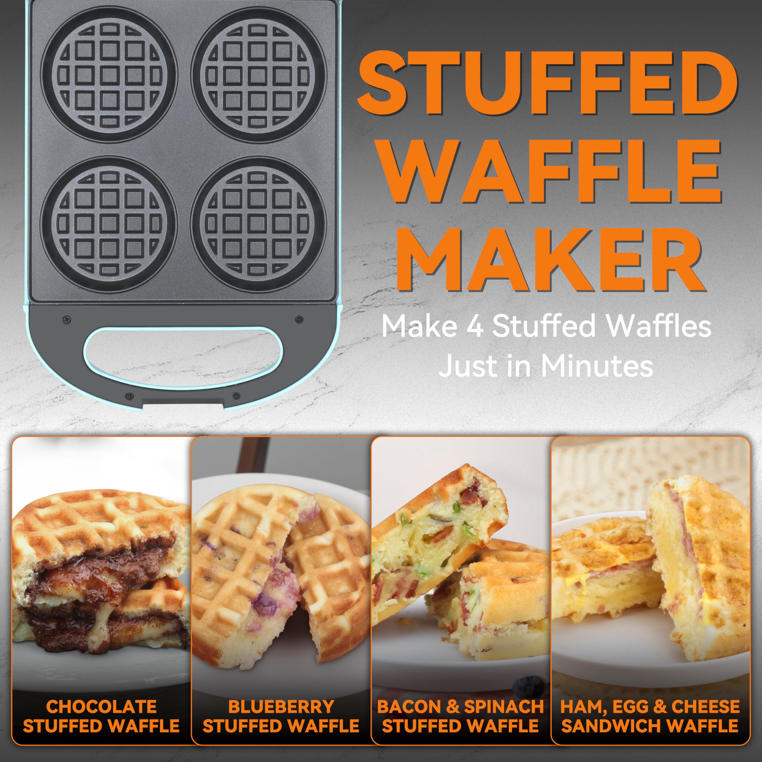 Máquina de gofres de relleno múltiple, 4 rebanadas con 1.2 pulgadas de grosor y 4 pulgadas de diámetro, mini waflera belga, sándwich de desayuno antiadherente, plancha de gofres 6