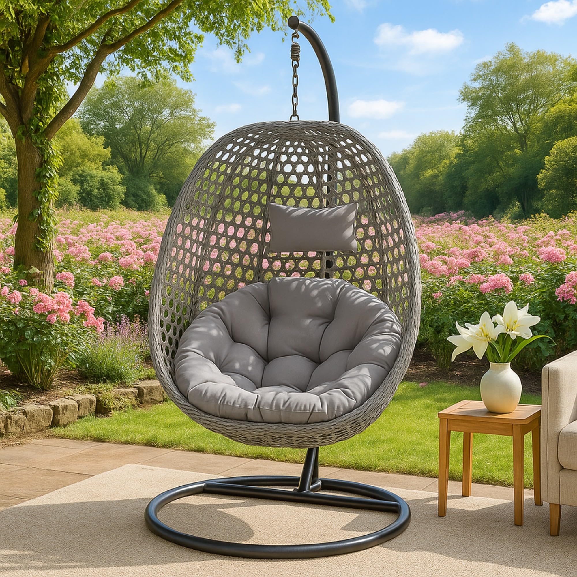 Egg Swing Chair with Stand Outdoor Indoor, Hanging Egg Chair with Cushions and Pillow,300lbs Capacity for Porch, Patio, Bedroom, Balcony, Grey
