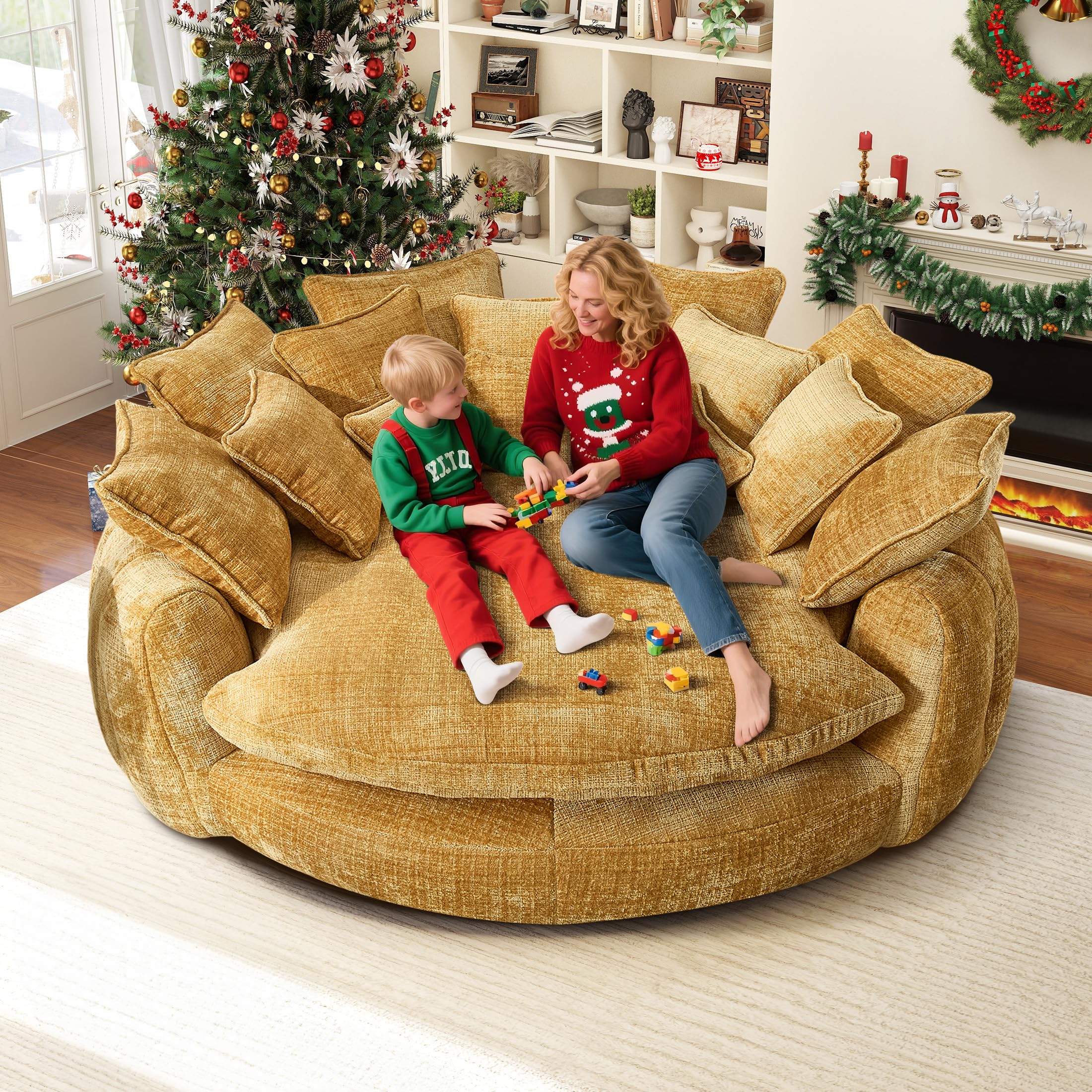 81.1" Oversized Round Chaise Lounge, Extra-Thick 14.9" Seat Wrap-Around Back Guard Spines In Open-Plan Loft, Villa,Game Den, Round Couch Family Find