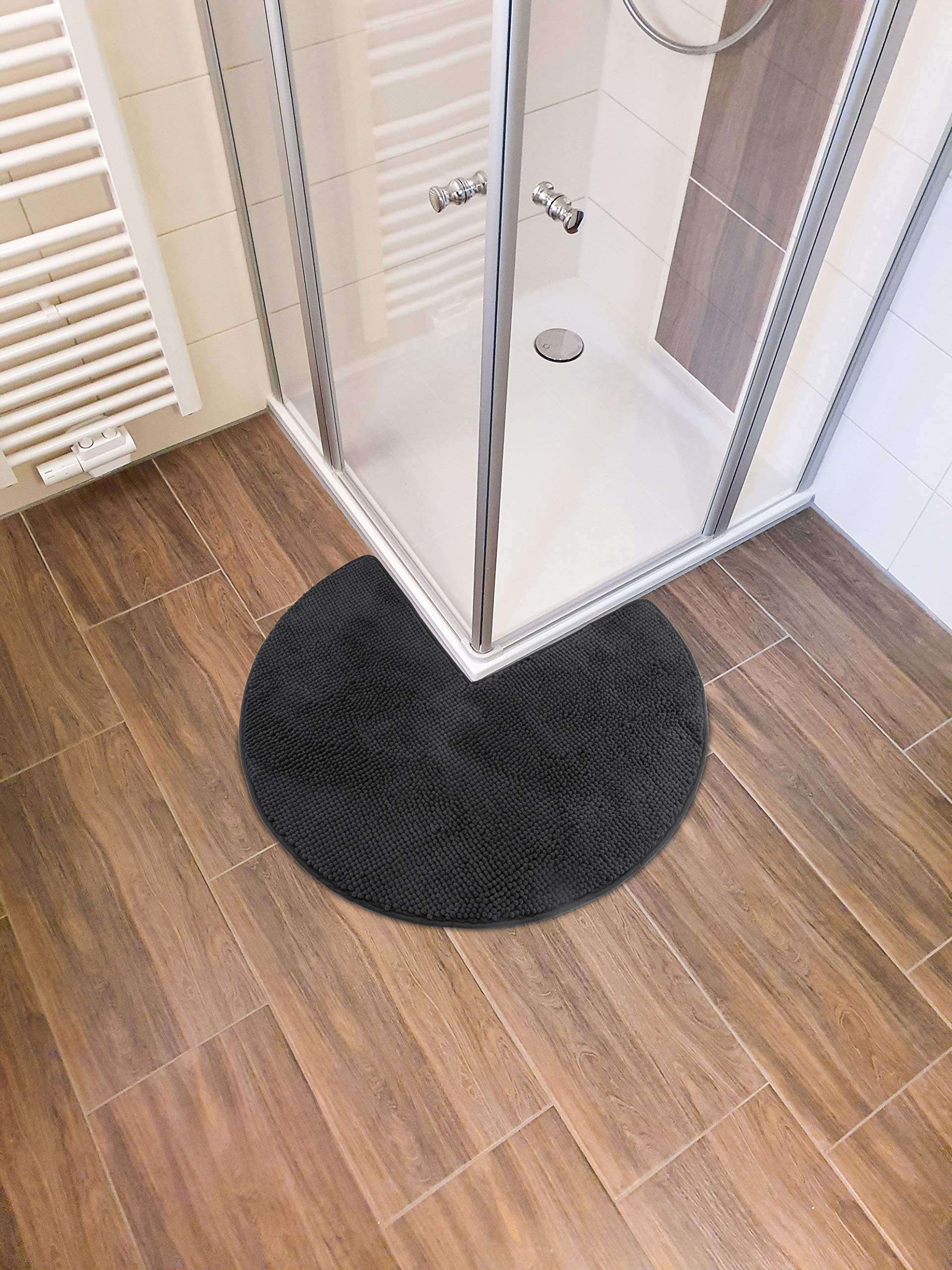 fluffy® Badteppich für Eckduschen aus Chenille mit Rutschfester Unterseite (Rund | Innenmaße 45 x 45 cm, Anthrazit)